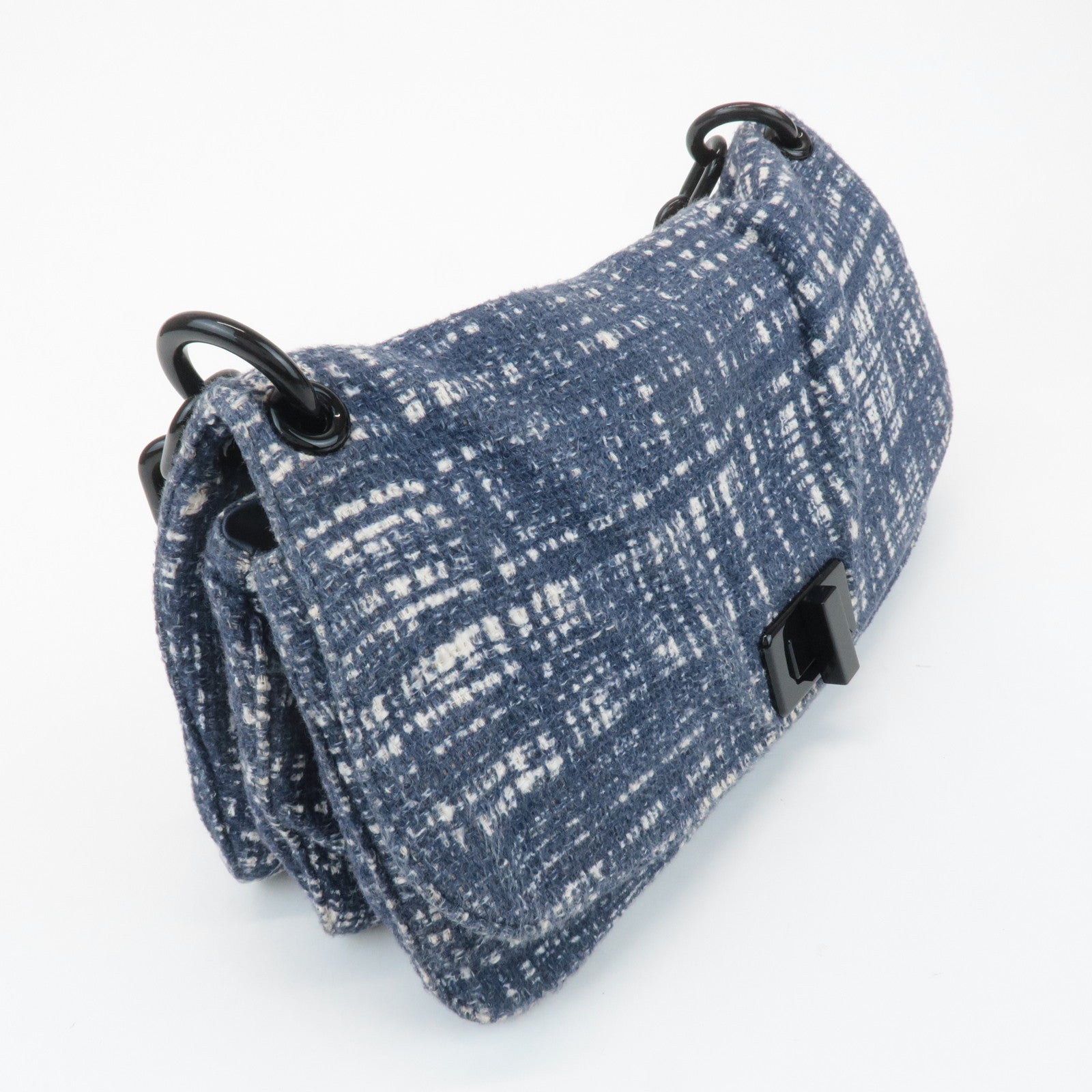 PRADA Tweed Leather Plastic Chain Shoulder Bag Navy White BR4874 Used