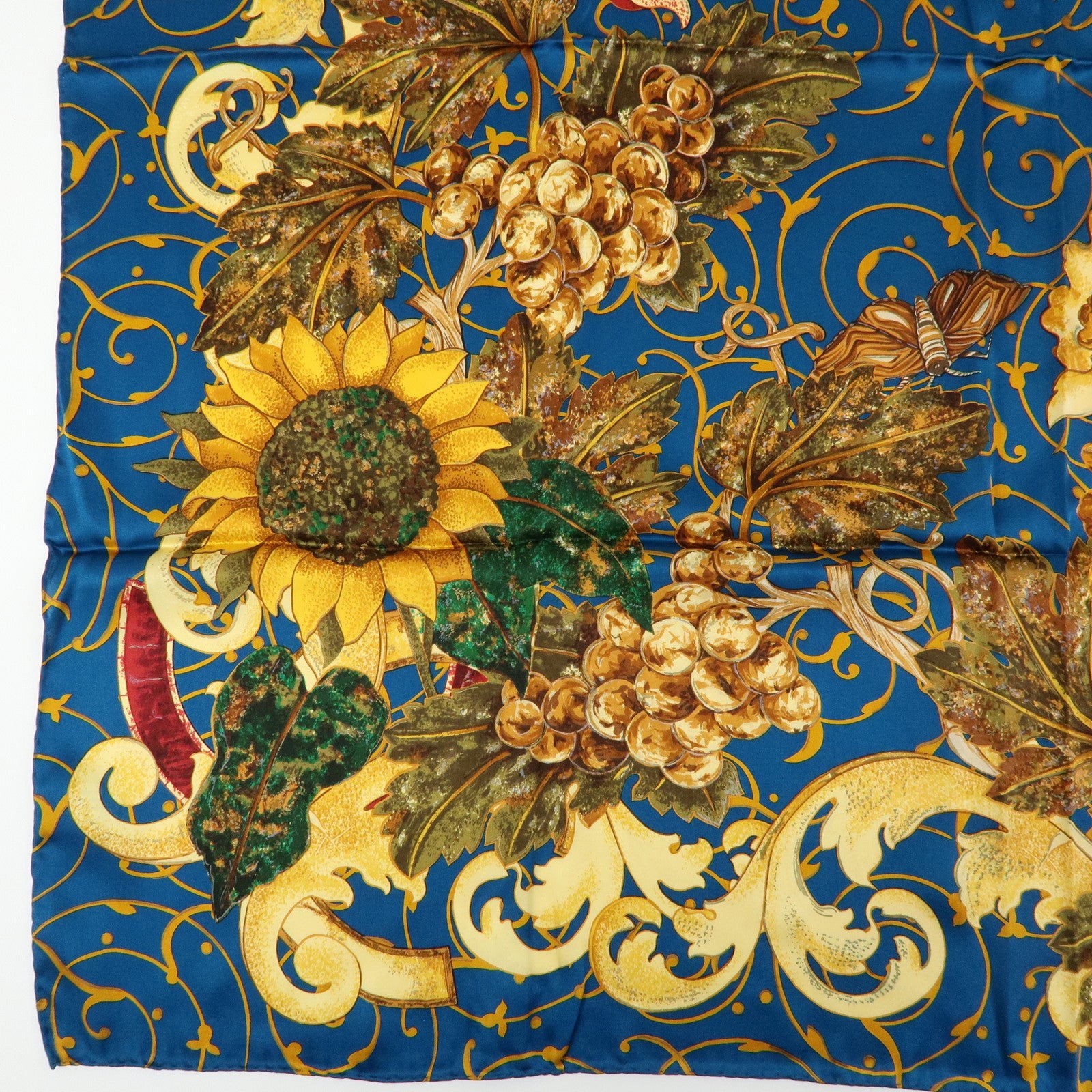 CHANEL Silk 100% Scarf Flower Print Sunflower Blue Gold