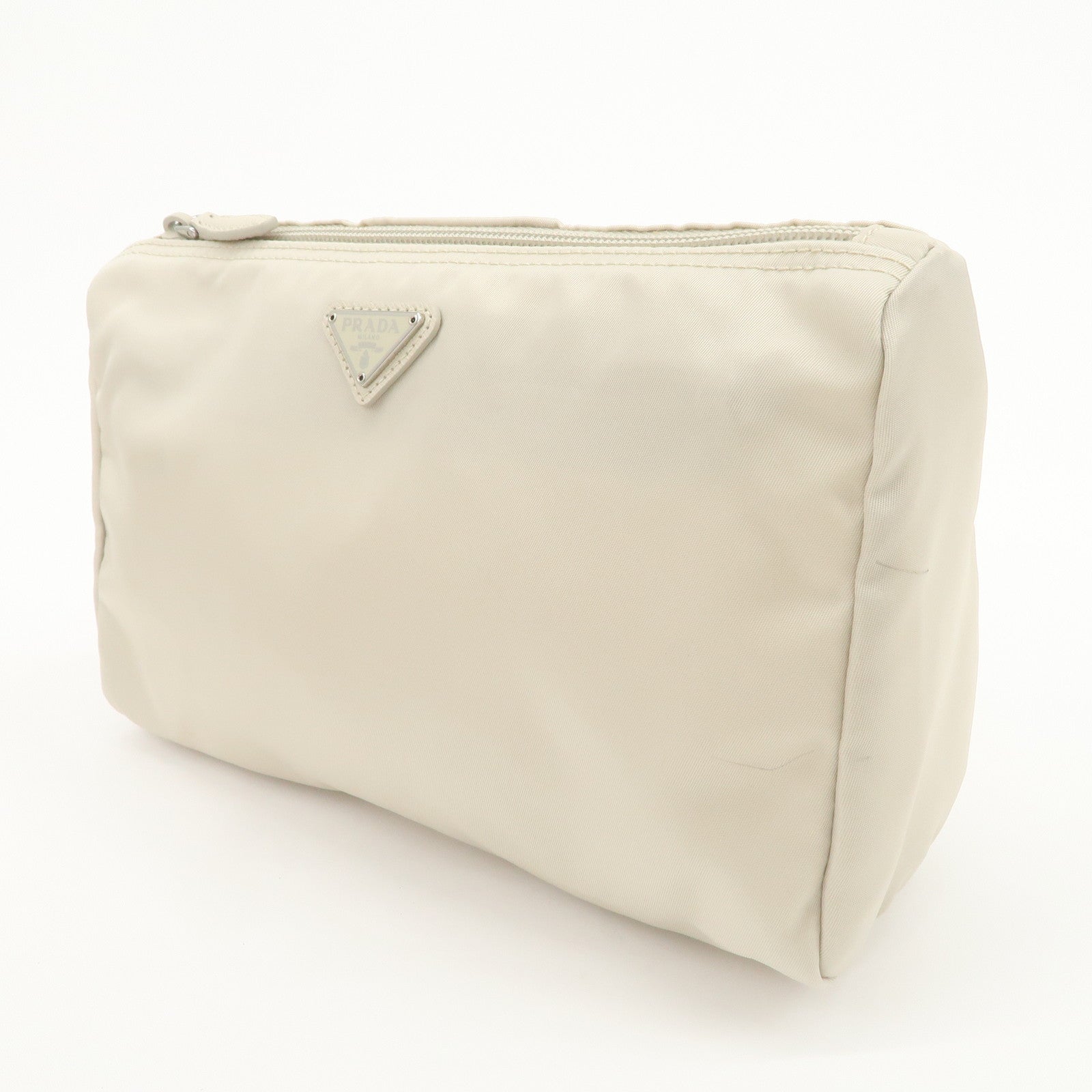 PRADA Triangle Logo Nylon Cosmetic Pouch Makeup Bag Ivory 1NA012
