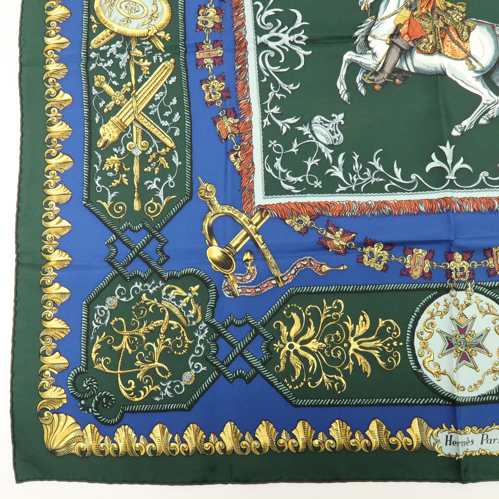 HERMES Carre 90 Silk 100% LVDOVICVS MAGNVS Scarf Green
