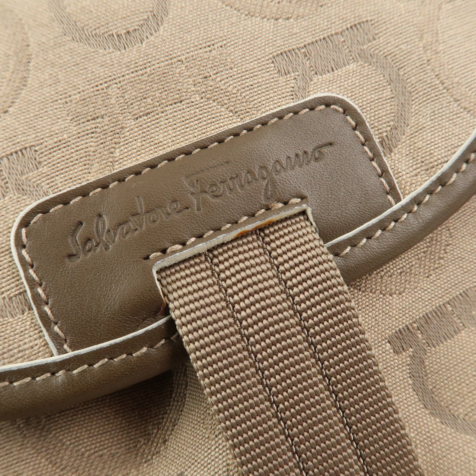 Ferragamo Gancini Canvas Leather Backpack Rucksuck Beige