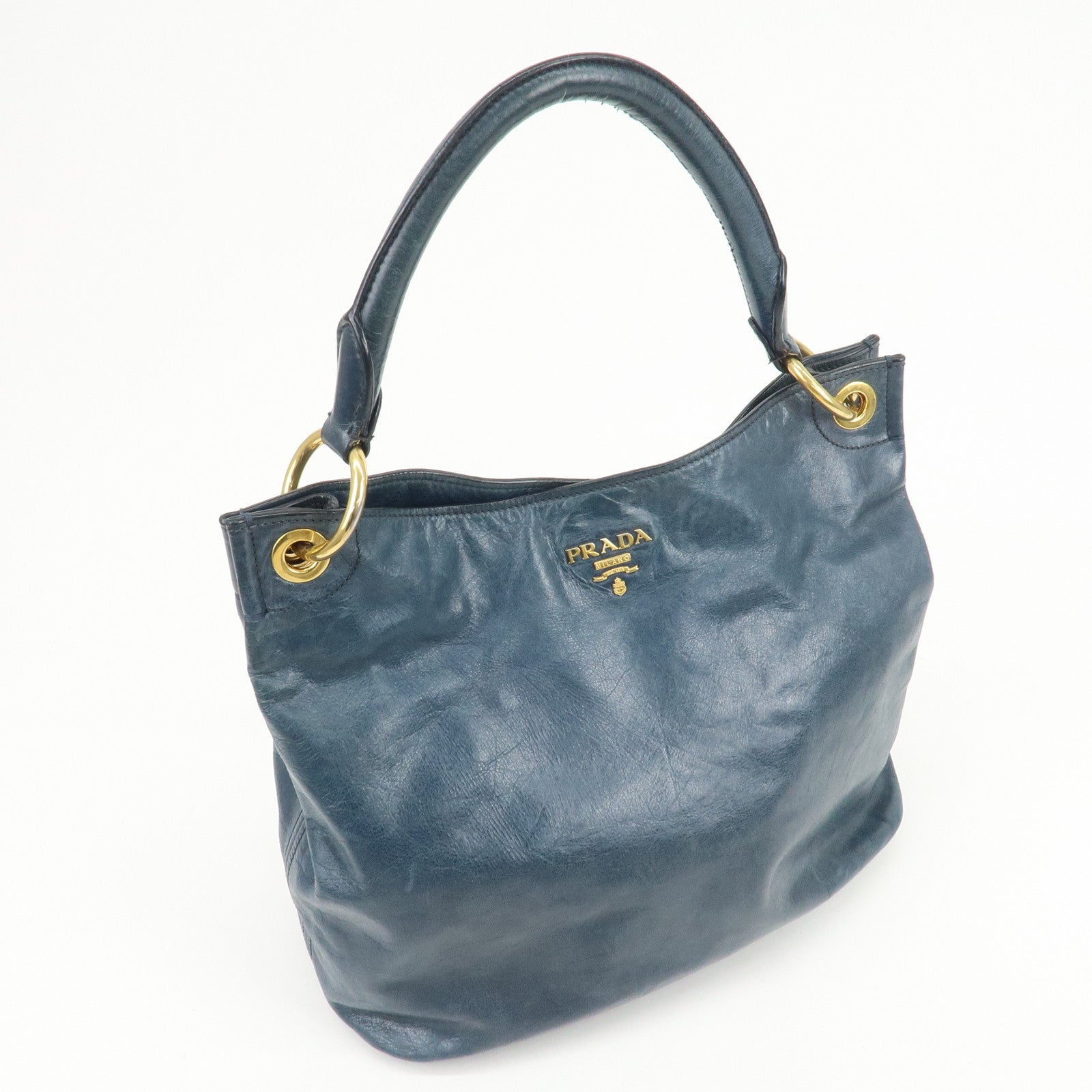 PRADA Logo Leather Shoulder Bag Hand Bag Blue
