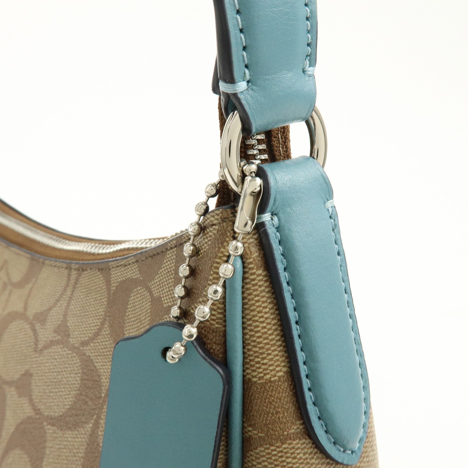 COACH Signature PVC Coated Canvas Leather Shoulder Bag Beige Blue