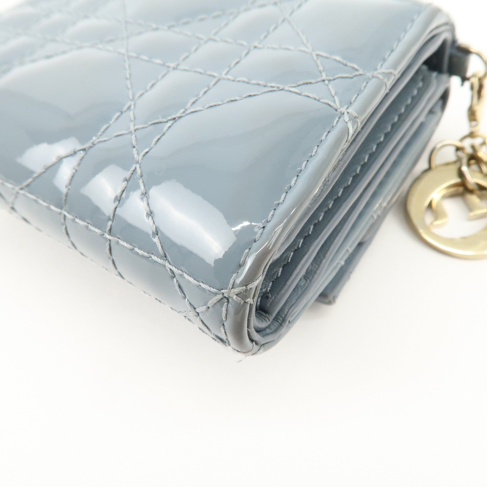 Christian Dior Cannage Patent Leather Compact Wallet Blue Used