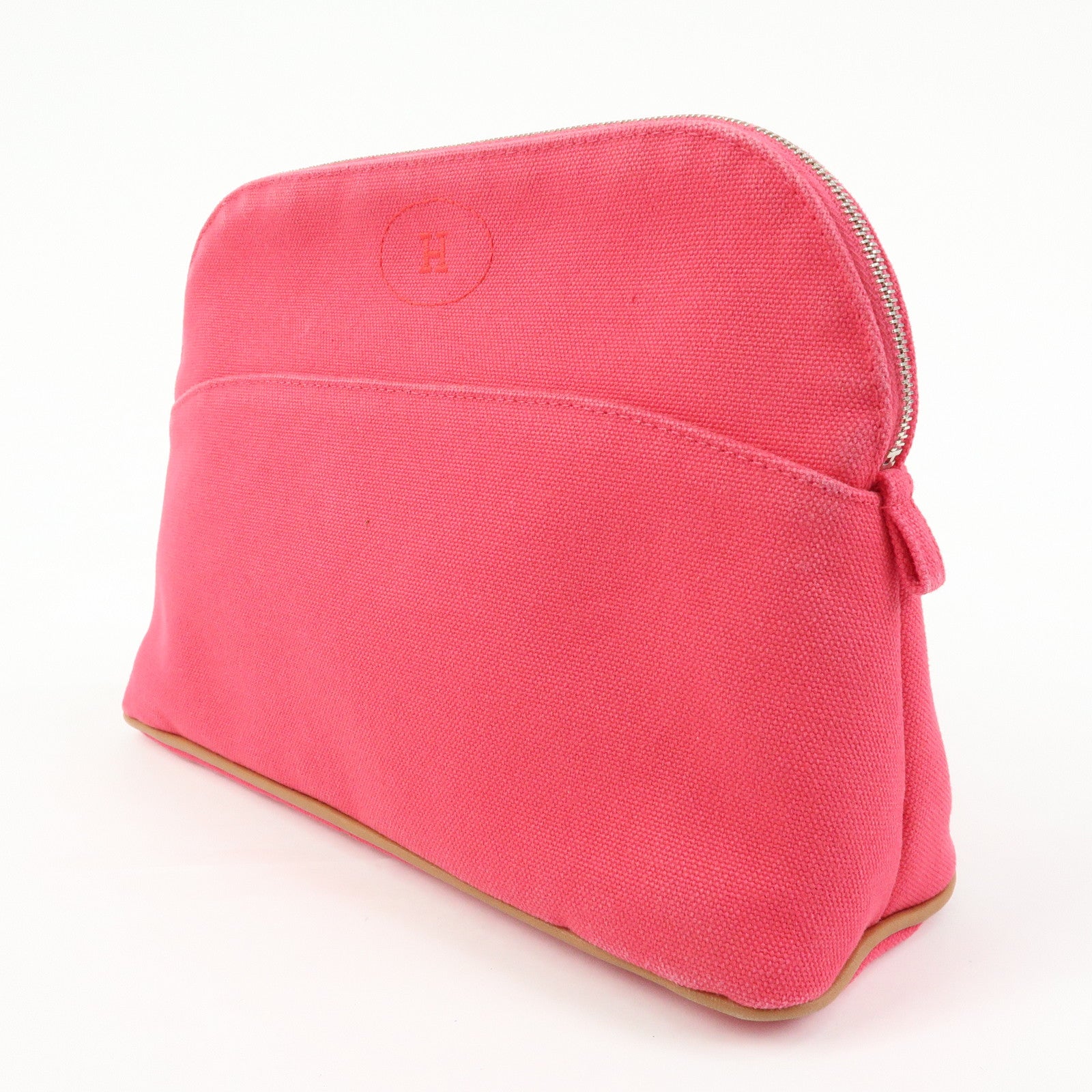 HERMES Bolide MM Cotton Leather Pouch Cosmetic Case Pink Orange