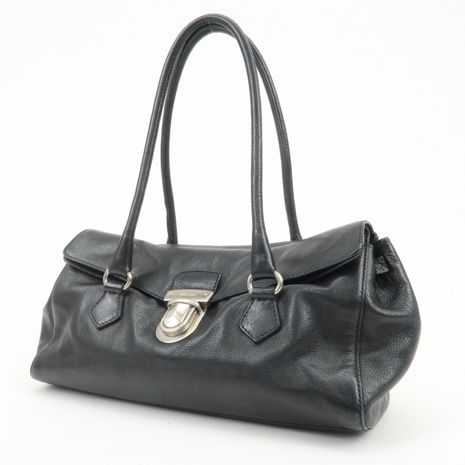 PRADA Triangle Logo Leather Shoulder Bag Hand Bag Black