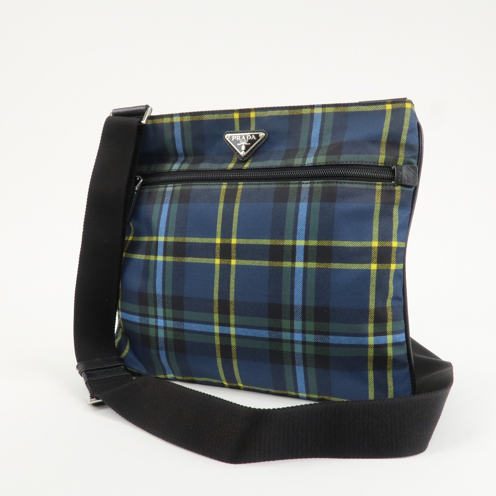 PRADA Triangle Logo Nylon Plaid Shoulder Bag Navy Multicolor VA053M Used