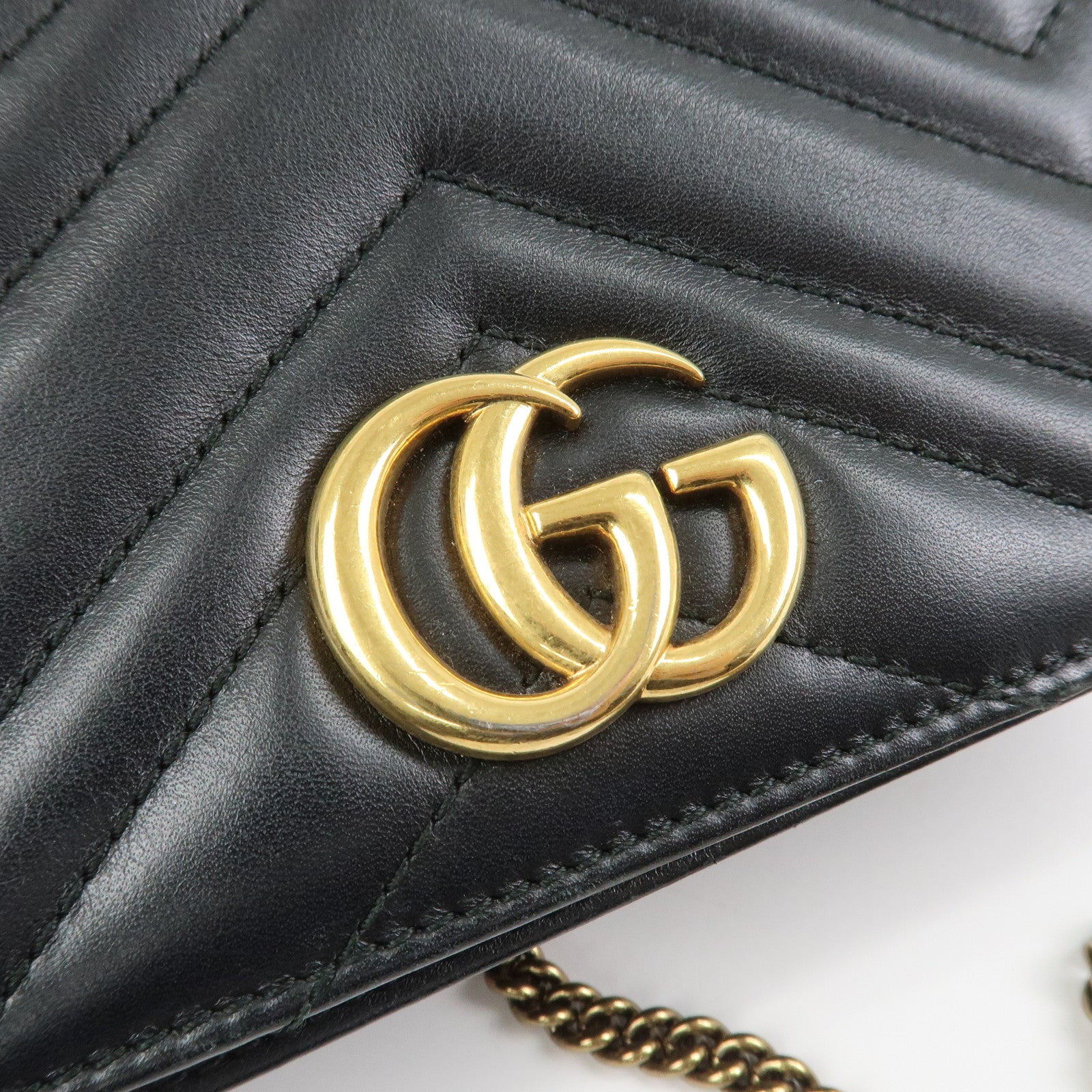 GUCCI GG Marmont Leather Chain Shoulder Bag Black Gold 488426