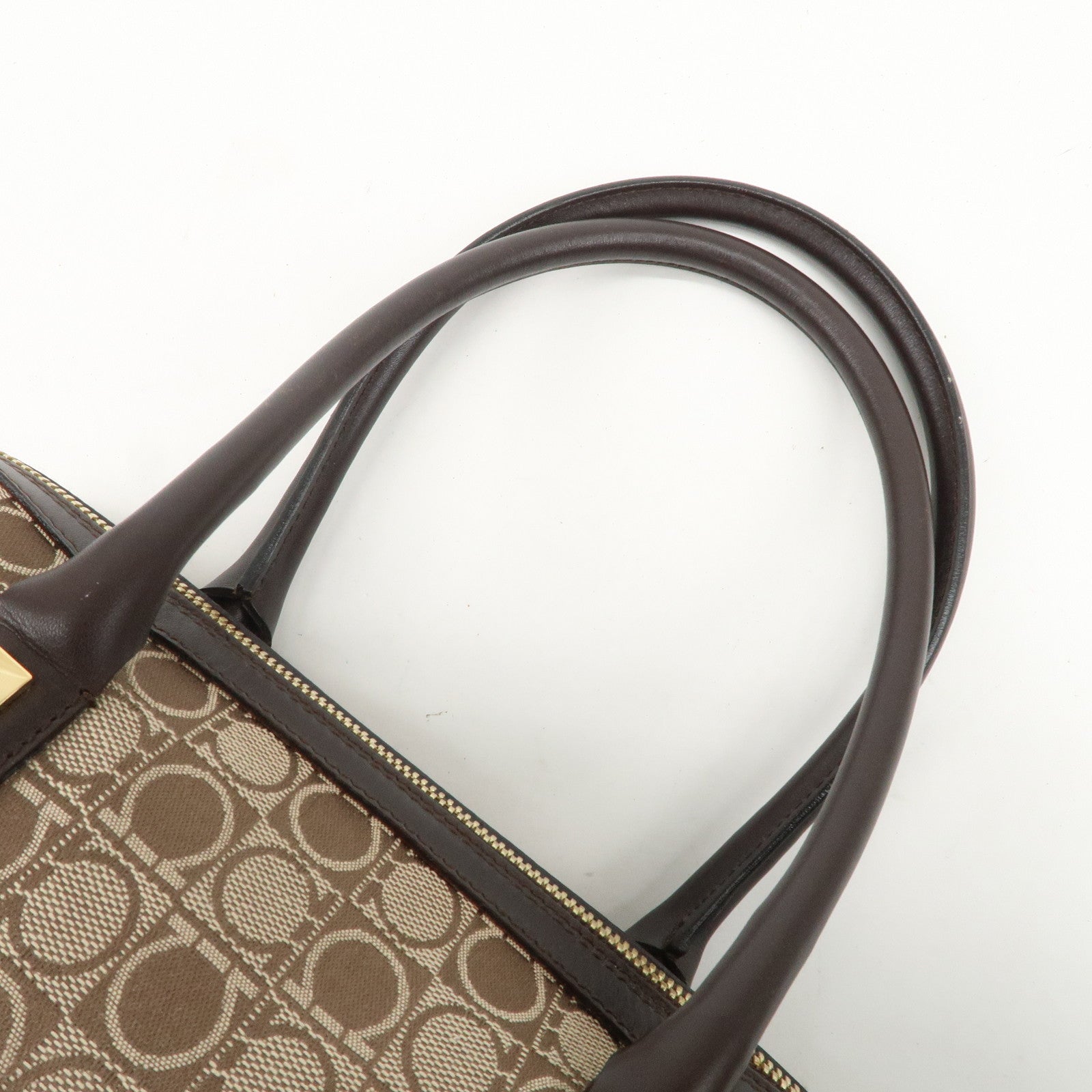 Ferragamo Gancini Leather Canvas Shoulder Bag Hand Bag Beige Brown