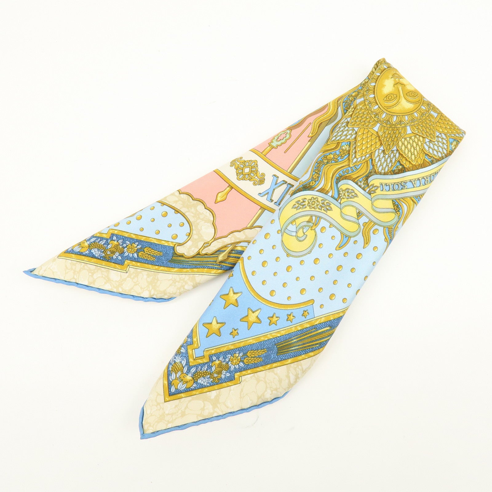 HERMES Carre 40 Silk 100% GLORIA SOLI Scarf Light Blue Gold