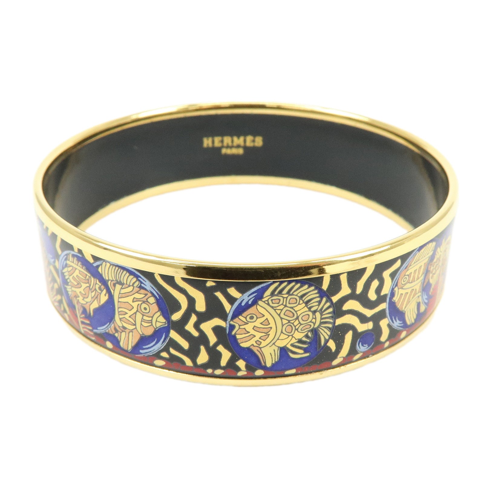 HERMES Email GM Gold Plated Bangle Bracelet Black Gold