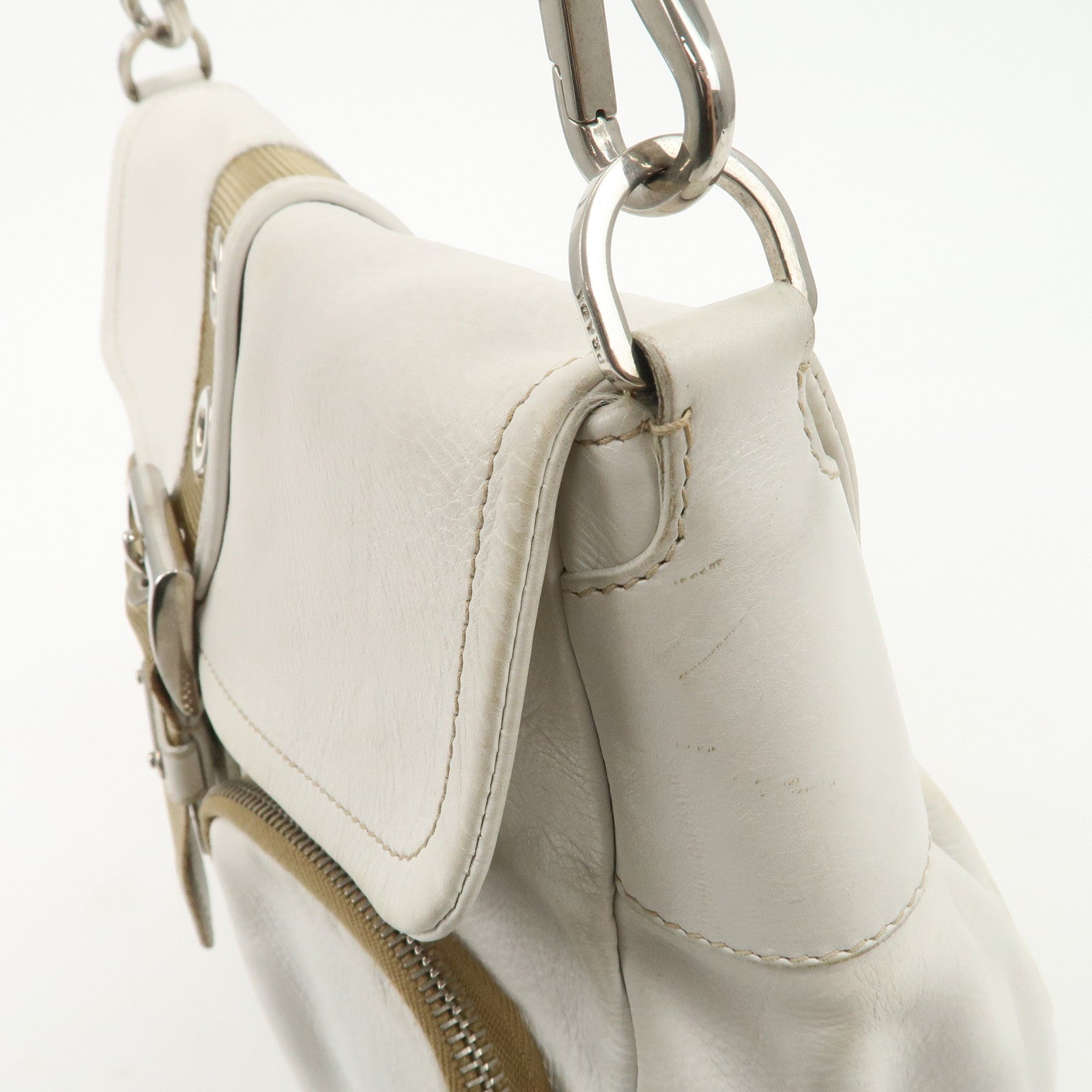 PRADA Triangle Logo Leather Nylon Shoulder Bag White Beige