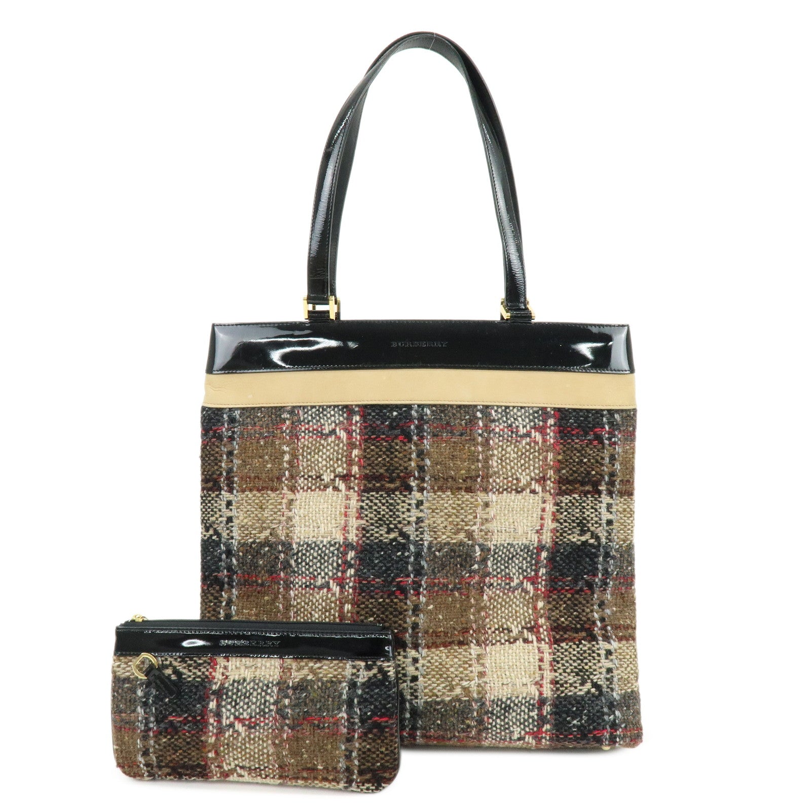BURBERRY Tweed Patend leaether Suede Tote Bag Beige Black