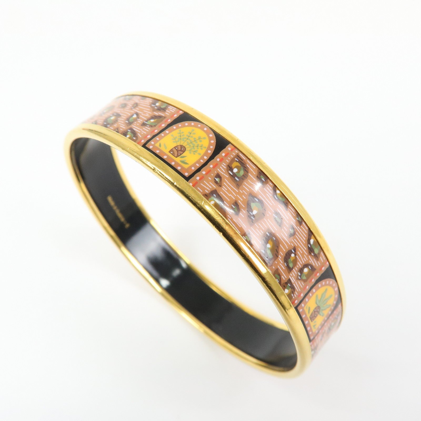 HERMES Email MM Gold Plated Bangle Bracelet Orange Gold