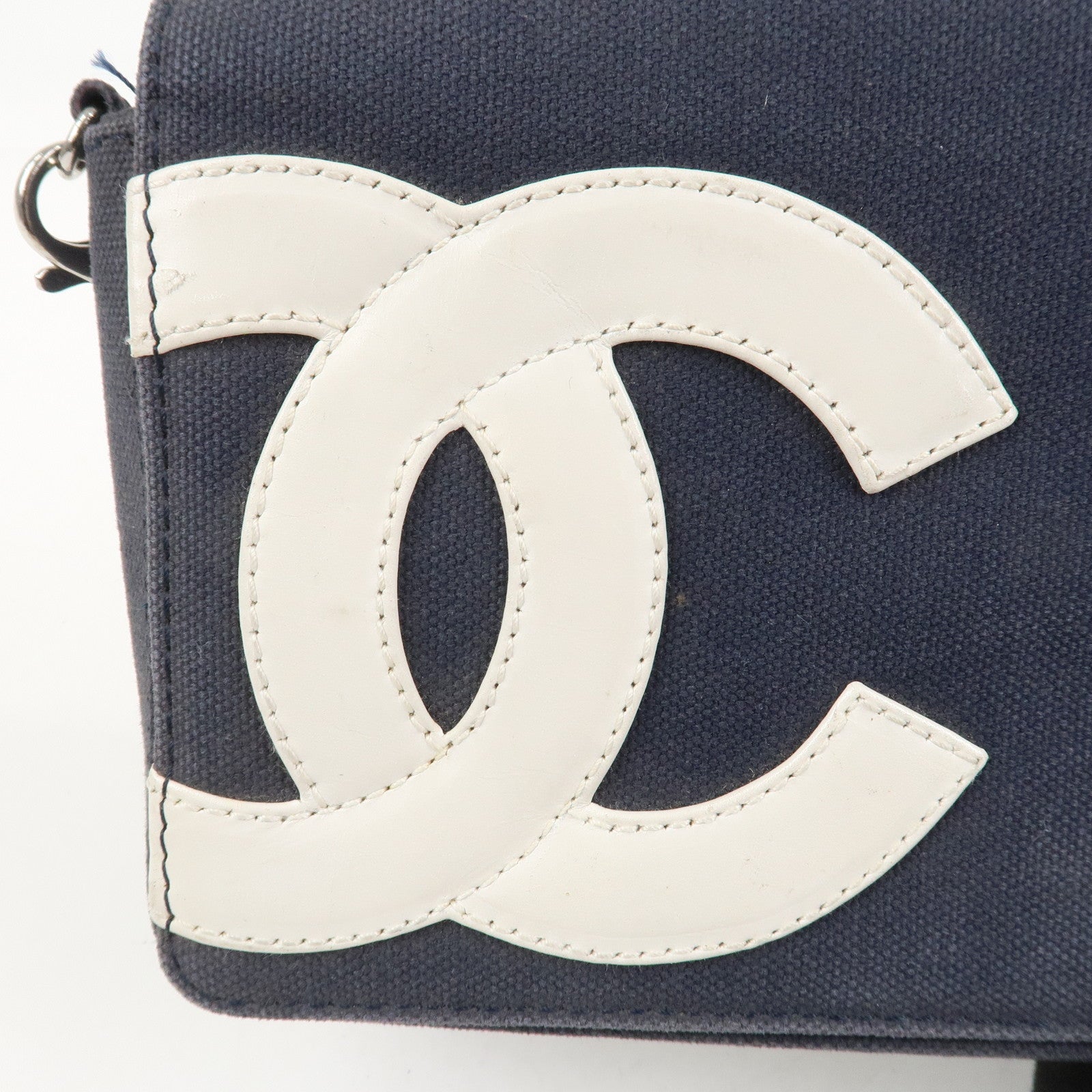 CHANEL No.5 Canvas Leather Chain Shoulder Bag Hand Bag Navy Silver