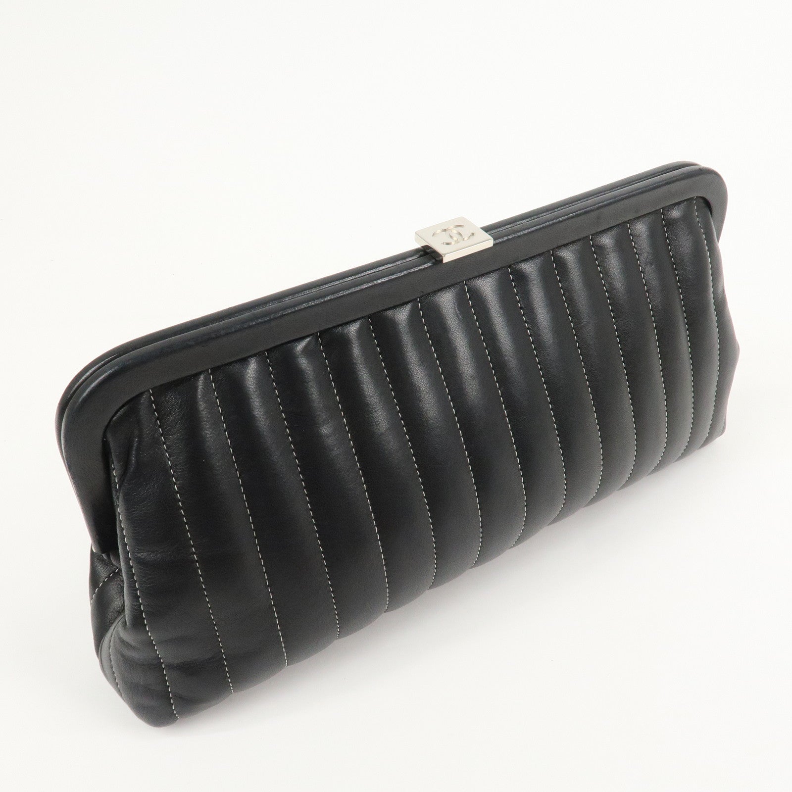 CHANEL Mademoiselle Line Lamb Skin Clutch Bag Hand Bag Black