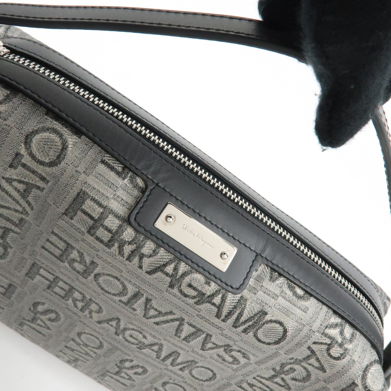 Ferragamo Gancini Logo Canvas Leather Hand Bag Pouch Silver Black