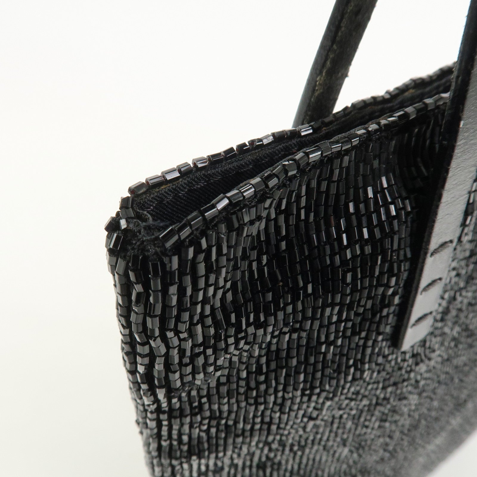 FENDI Logo Beads Leather Hand Bag Tote Bag Black