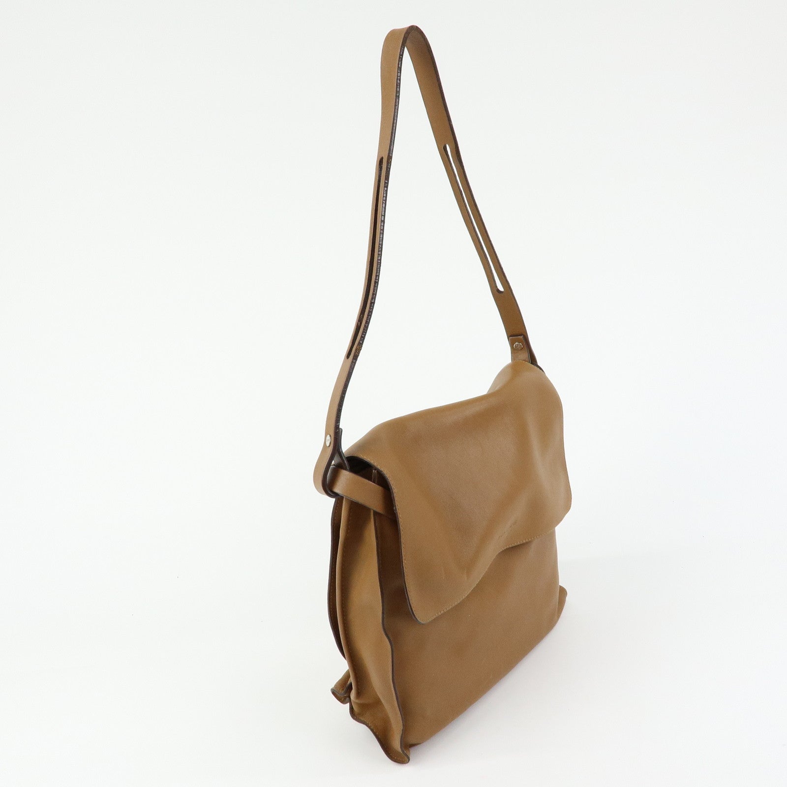 LOEWE Logo Leather Flap Shoulder Bag Pouch Brown