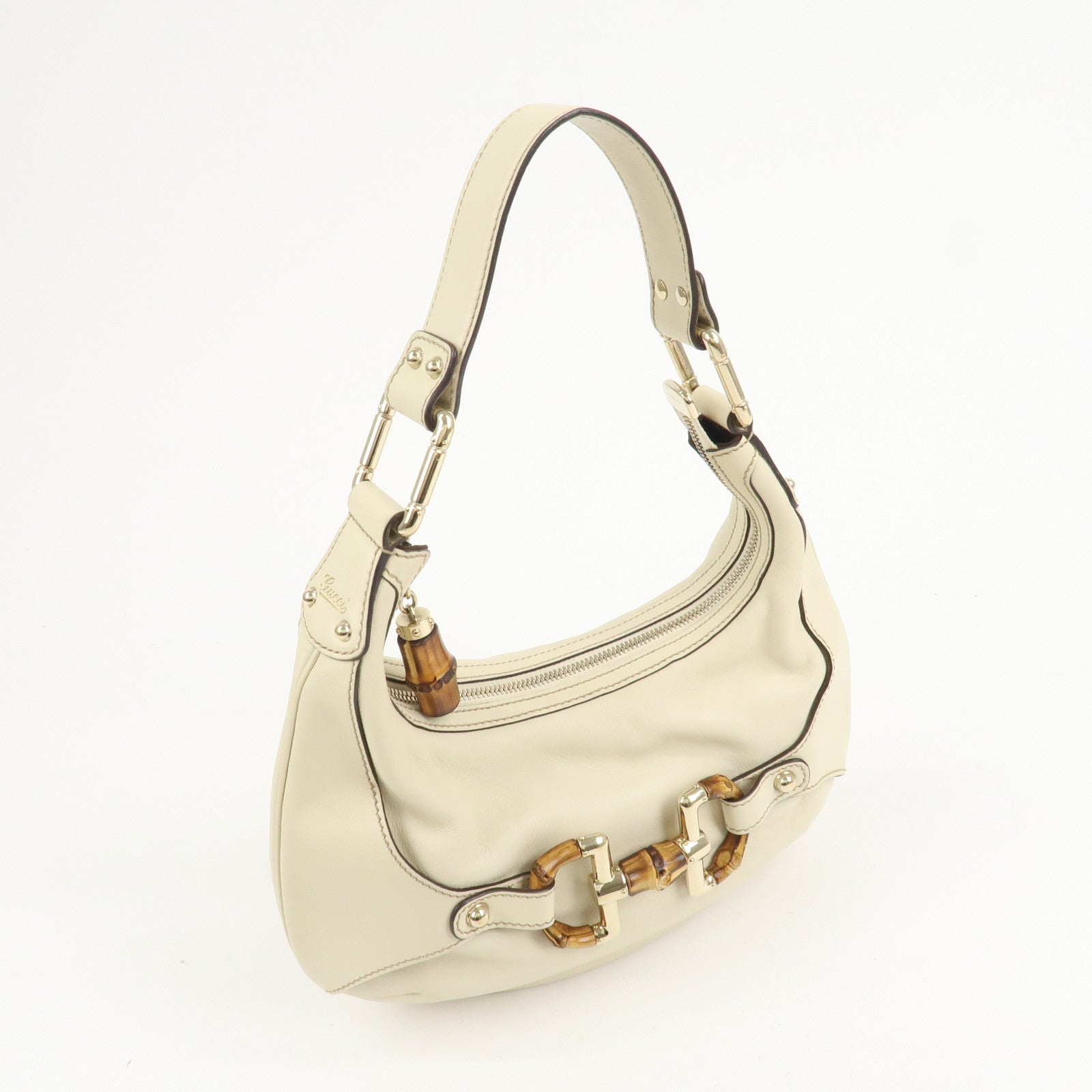 GUCCI Horsebit Bamboo Leather Shoulder Bag Ivory 154378