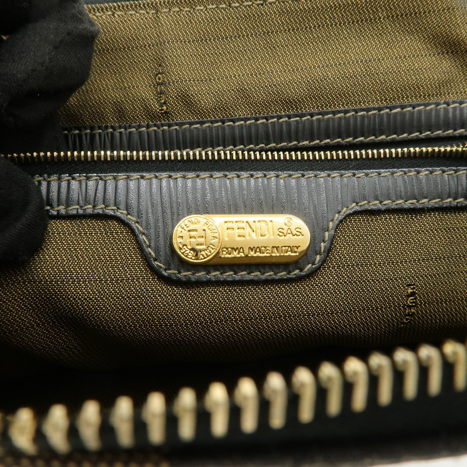 FENDI Pequin Canvas Leather Hand Bag Tote Bag Black Brown