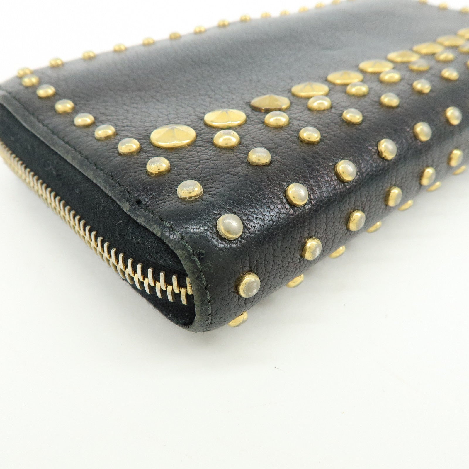 MIU MIU Logo Leather Studs Zippy Long Wallet Black 5M0506