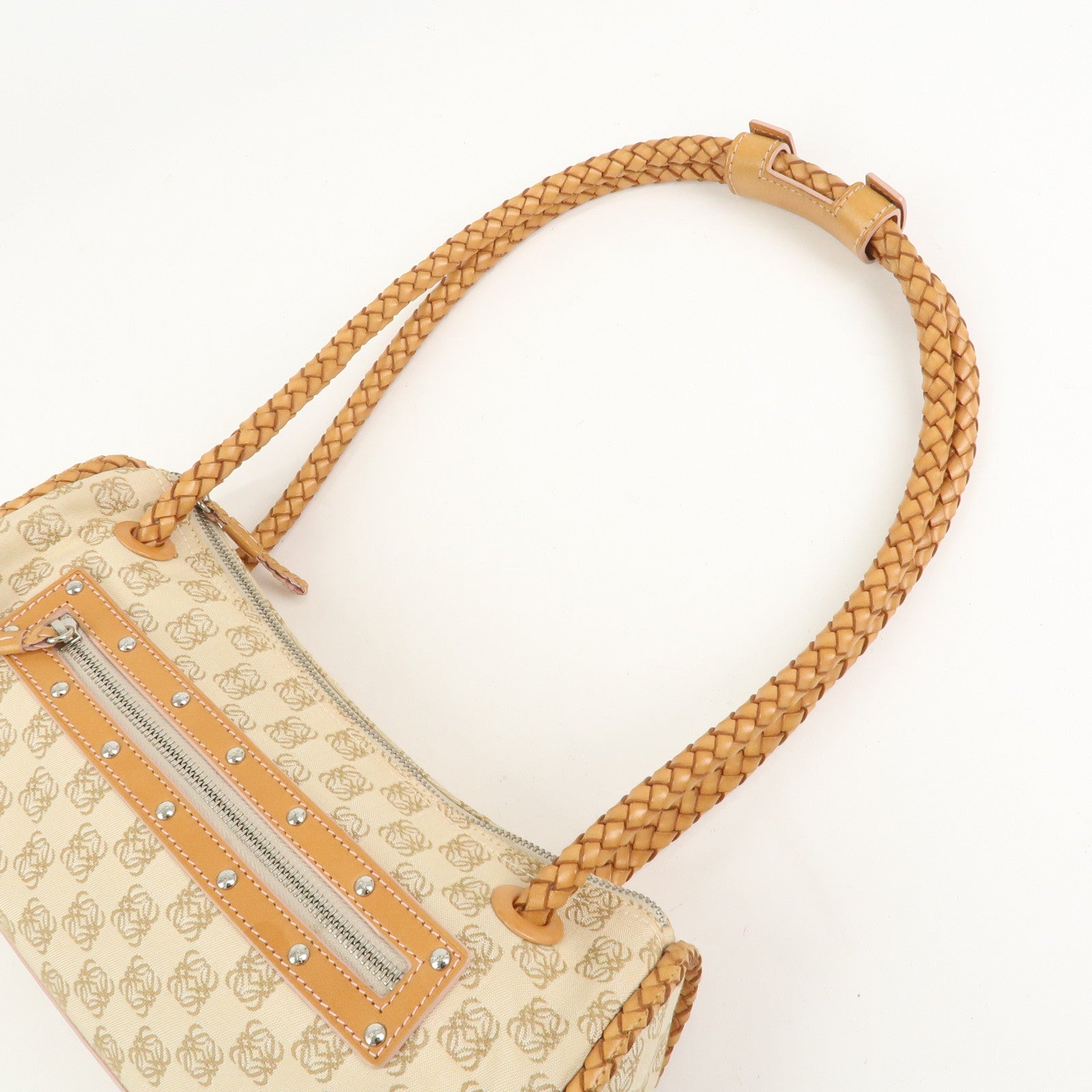 LOEWE Anagram Logo Canvas Shoulder Bag Leather Beige Light Brown