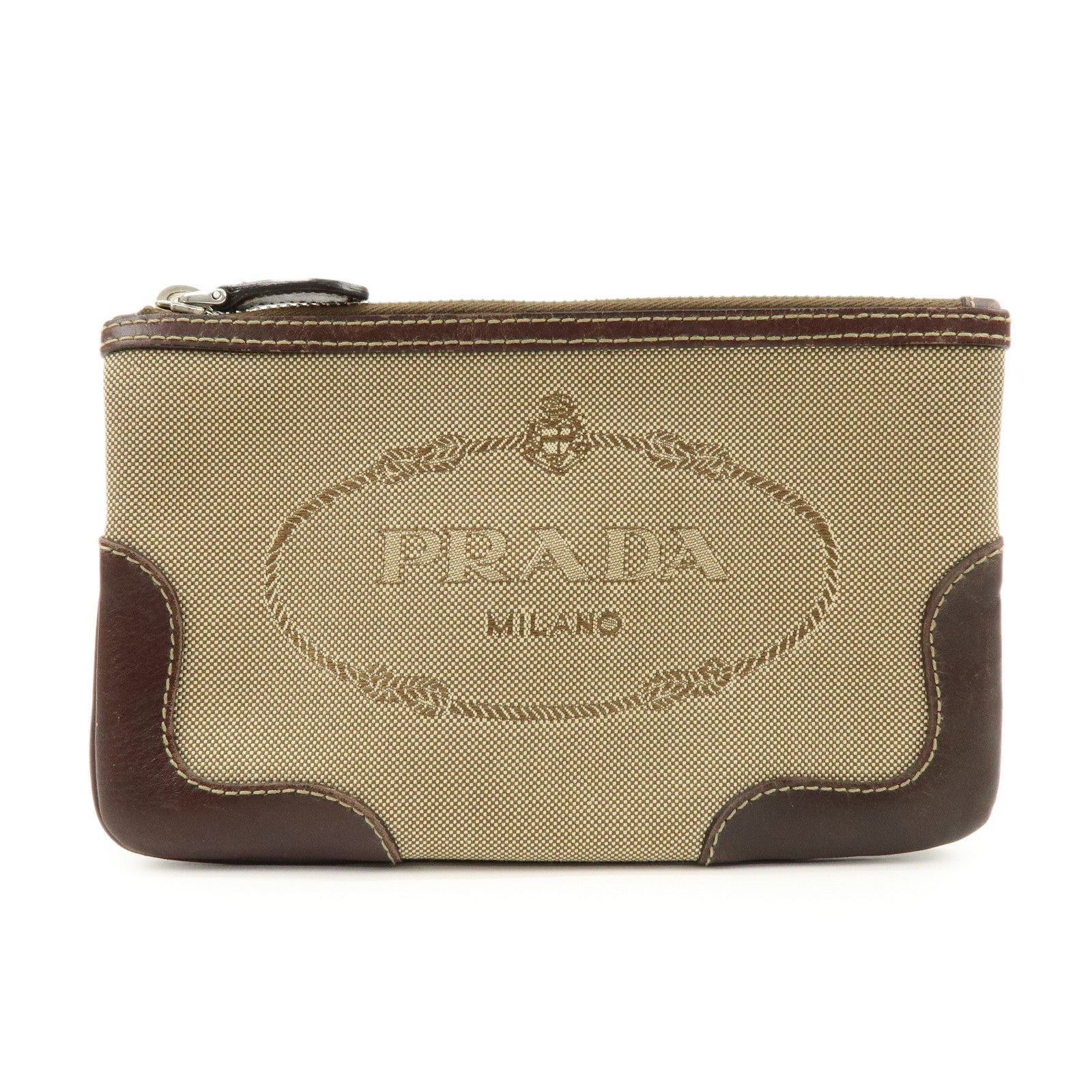 PRADA Logo Jacquard Leather Pouch Cosmetic Case Beige Brown