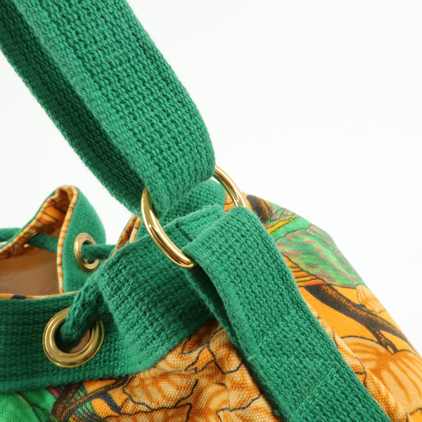 HERMES Canvas Drawstring Shoulder Bag Crossbody Bag Orange Green