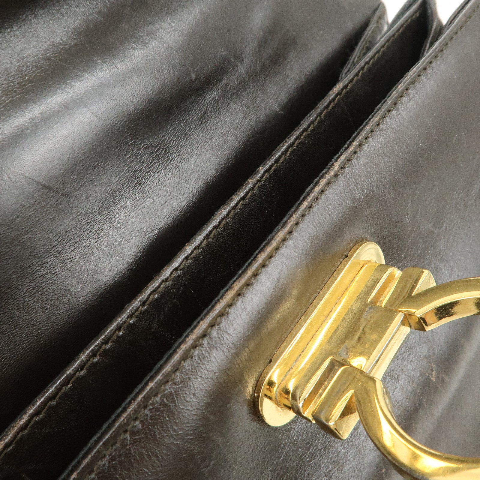 Ferragamo Gancini Leather 2Way Hand Bag Shoulder Bag Brown