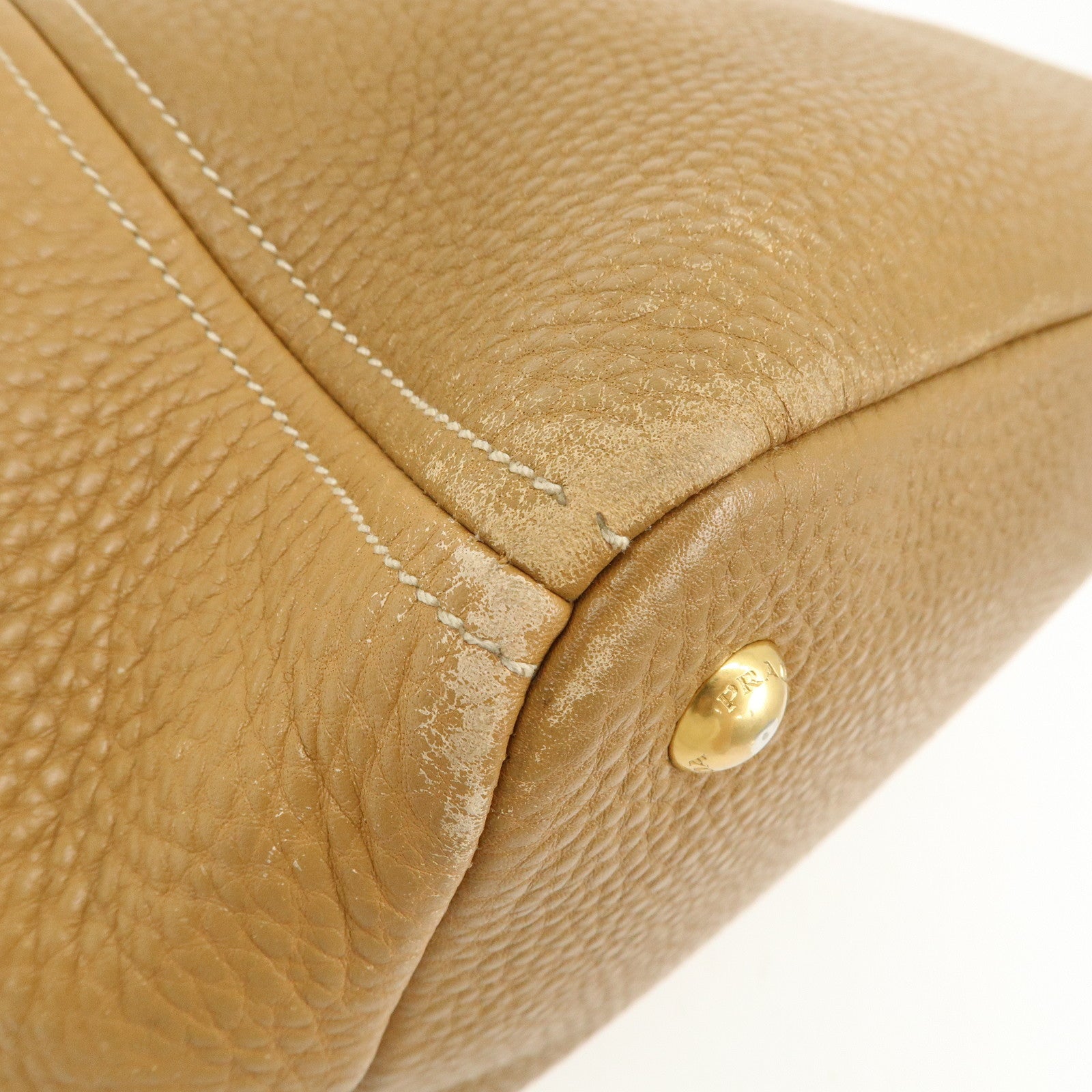 PRADA Leather Tote Bag Hand Bag Shoulder Bag Beige Gold HDW Used