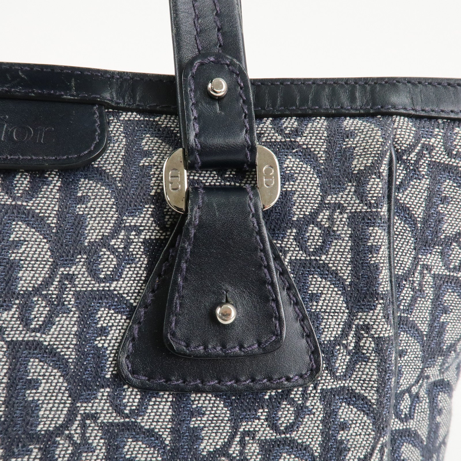 Christian Dior Trotter Leather Canvas Hand Bag Tote Bag Navy Used