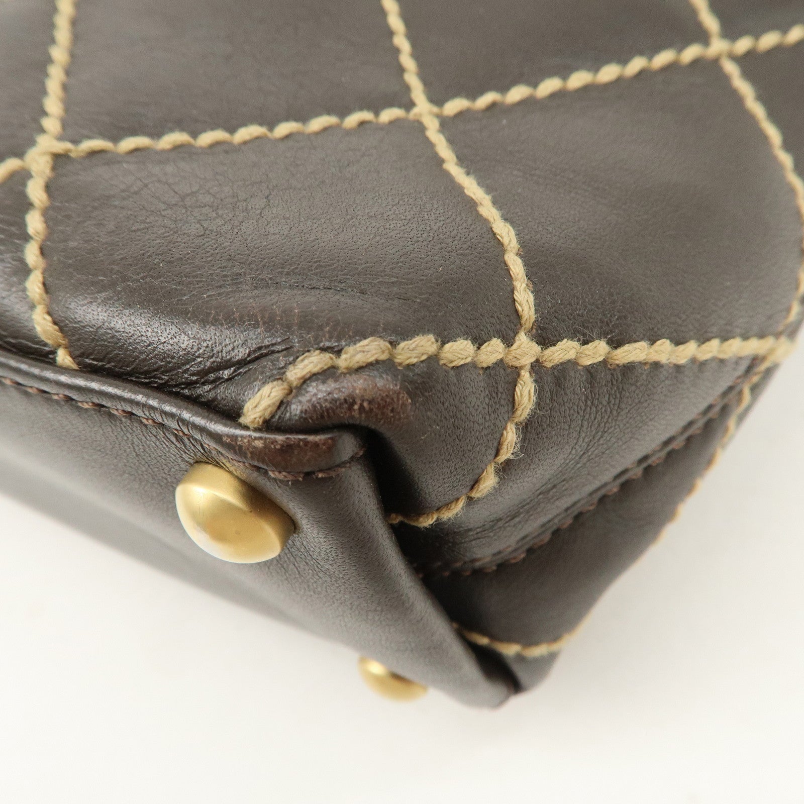 CHANEL COCO Mark Wild Stitch Leather Tote Bag Hand Bag Brown A18126 Used