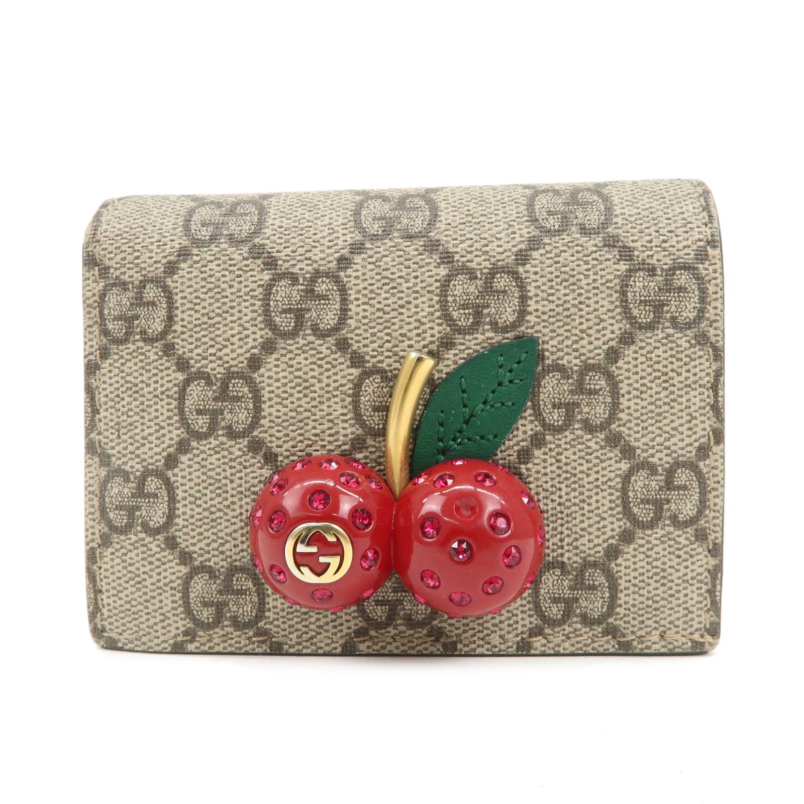 GUCCI Interlocking G GG Supreme Cherry Compact Wallet Beige Red 476050 Used