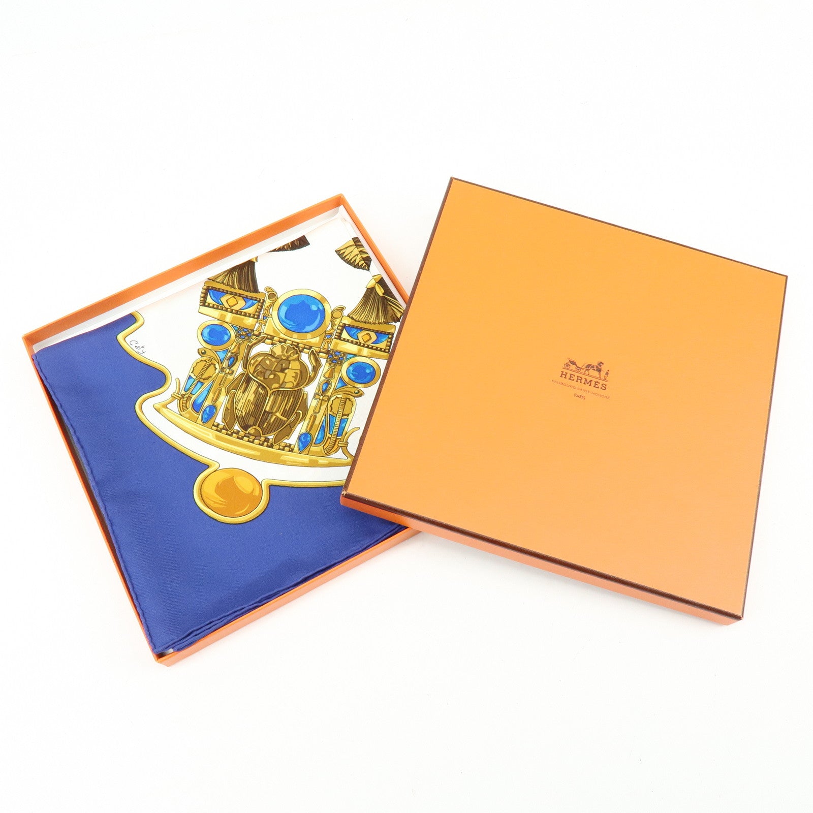 HERMES Carre 90 Silk100% Caty Ancient Egypt Scarab Scarf Blue White