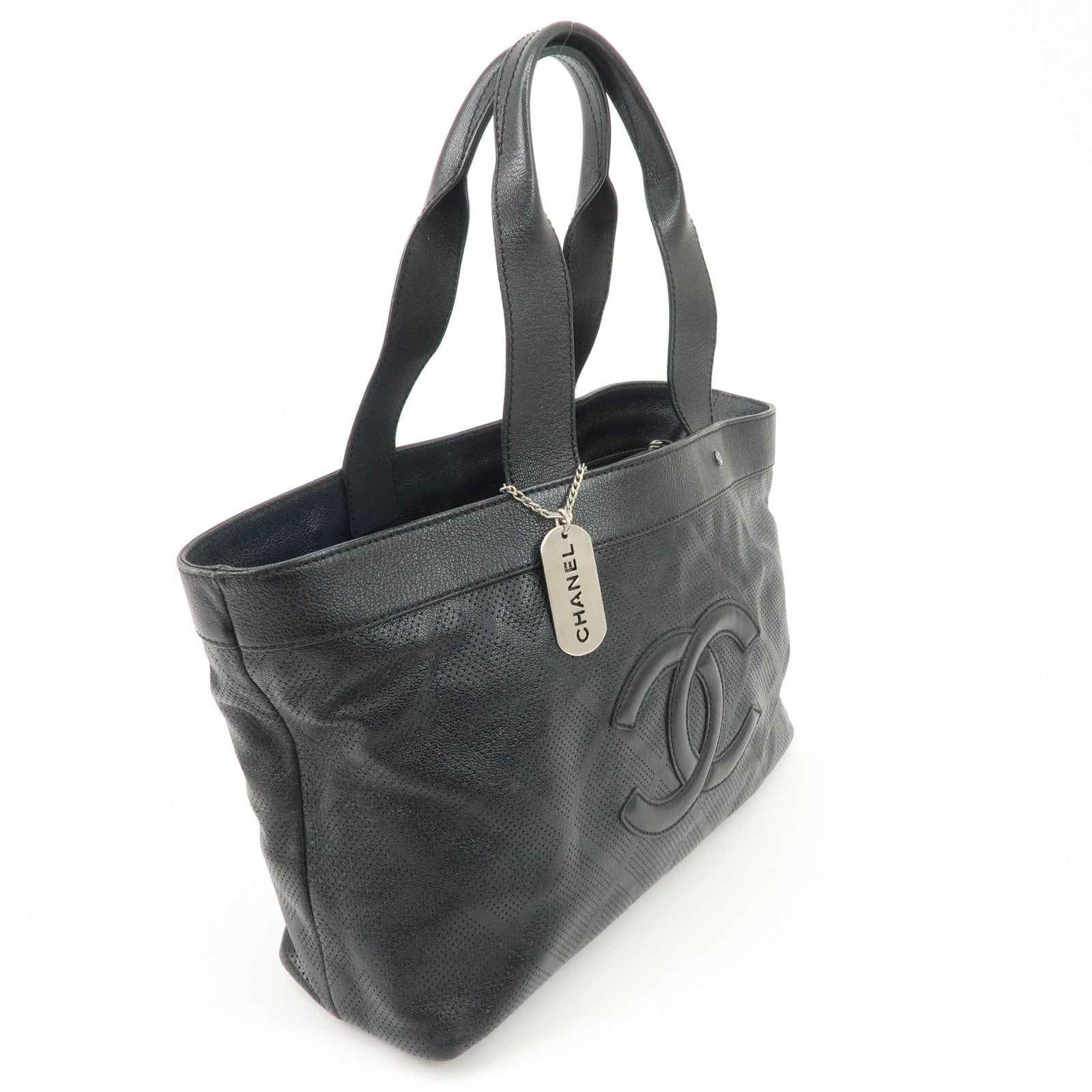 CHANEL COCO Mark Calf Leather Punching Tote Bag Black A33936 Used