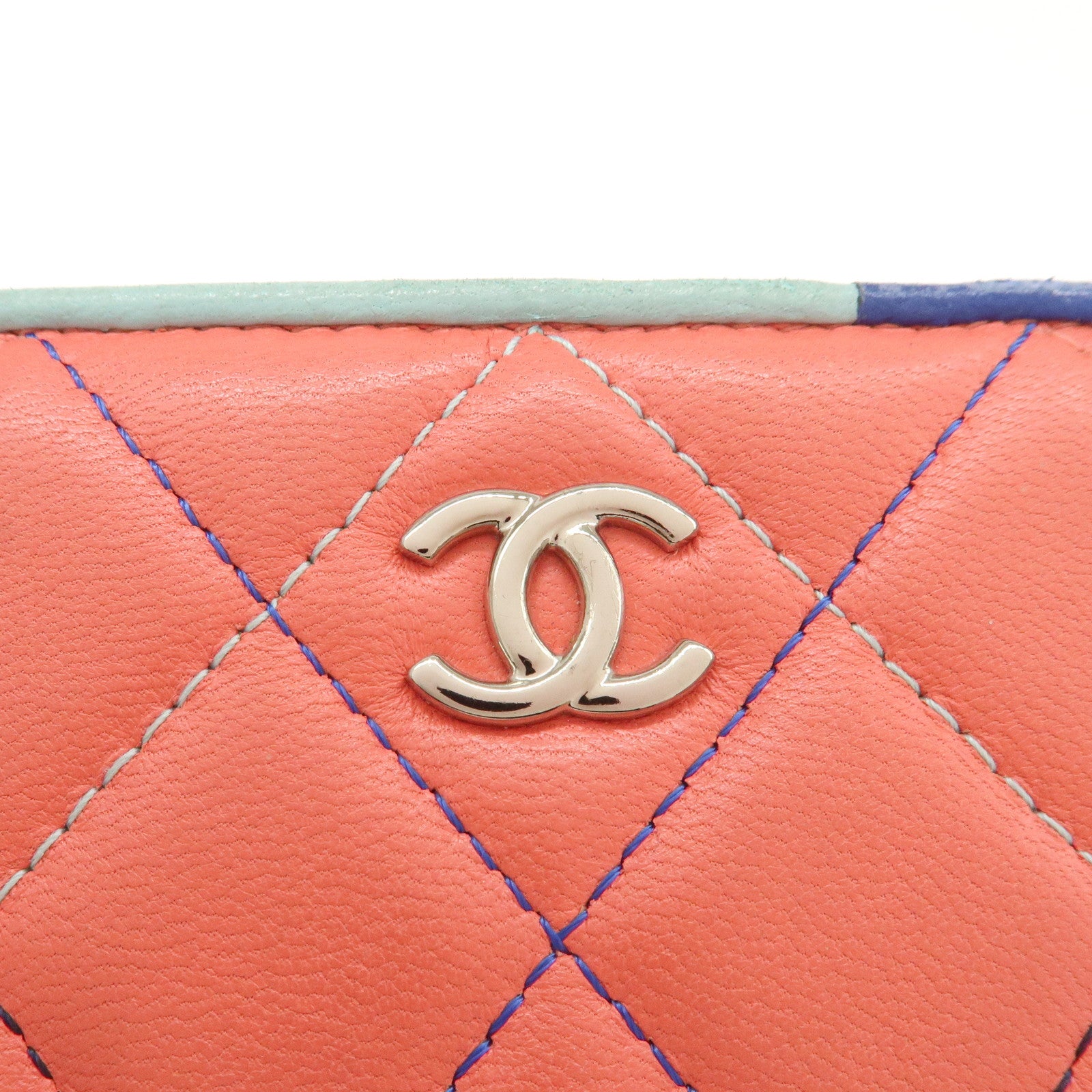 CHANEL Matelasse Lamb Skin Coin Case Coin Purse Pink Blue