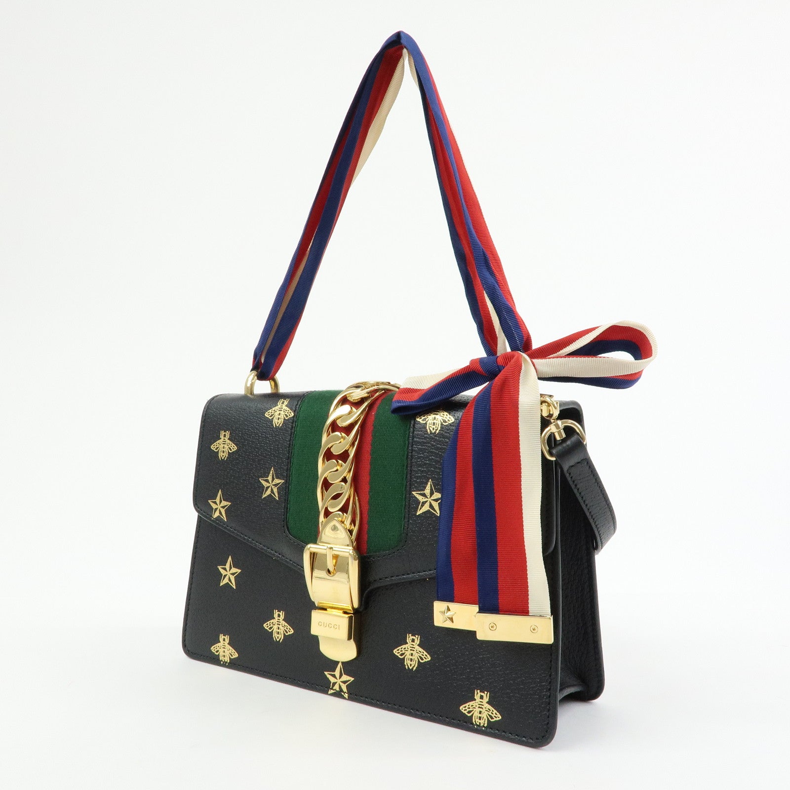 GUCCI Sylvie Sherry Leather Shoulder Bag Black Bee & Star 524405