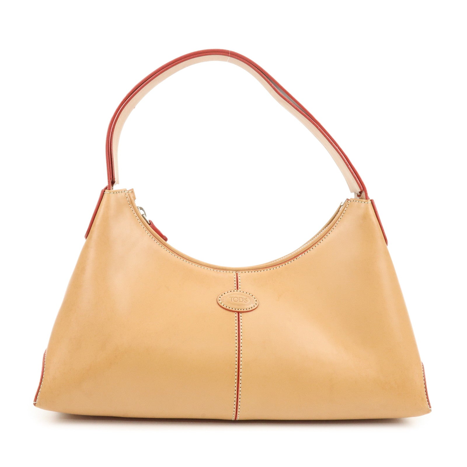 TOD'S Leather Stitched Shoulder Bag Hand Bag Camel