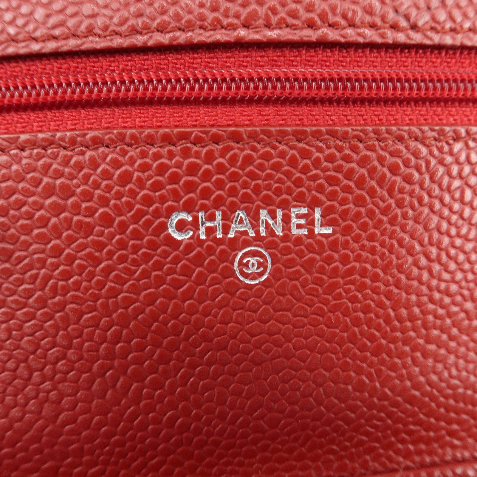 CHANEL Matelasse COCO Mark Caviarskin Chain Wallet Red A33814