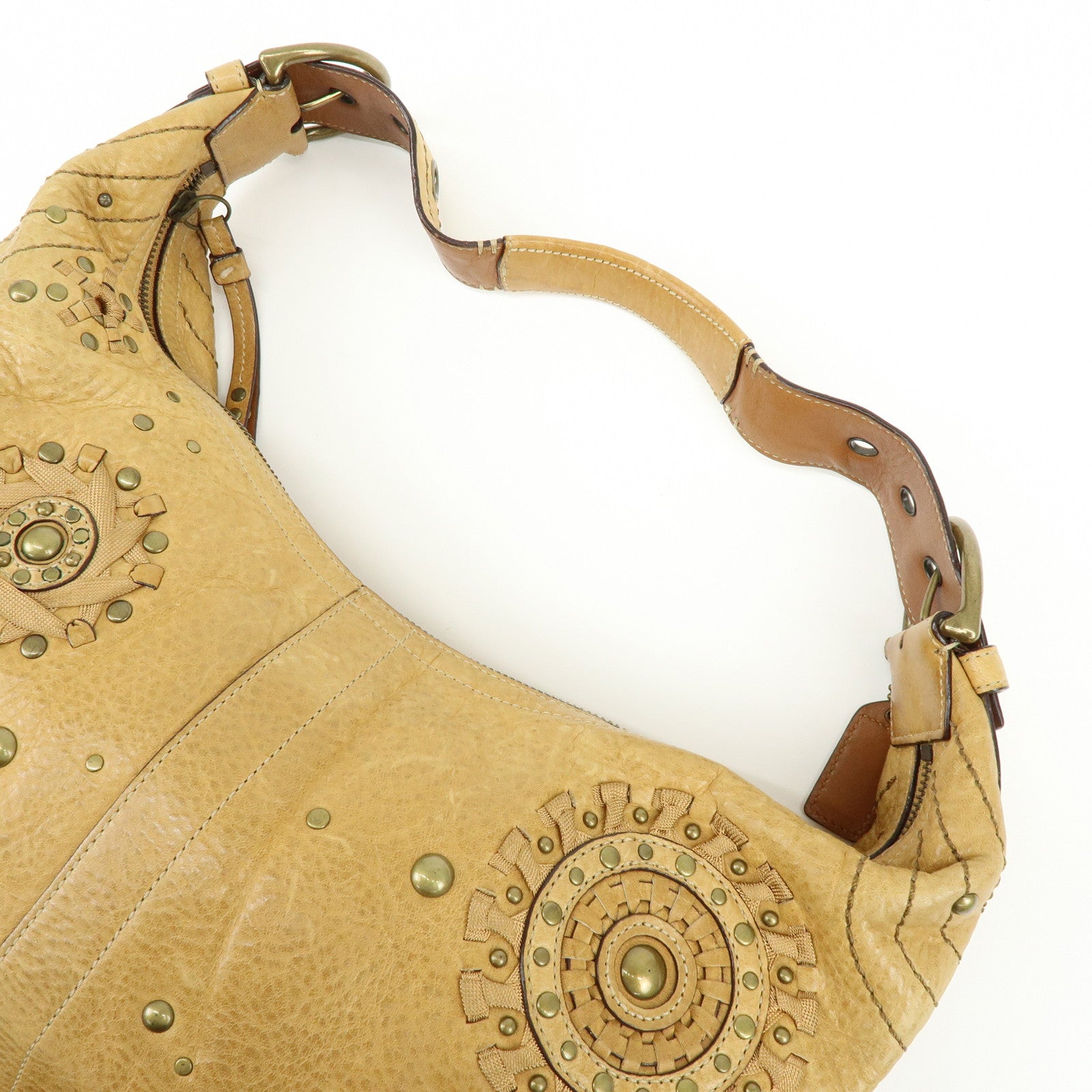 COACH Leather Shoulder Bag Hand Bag Studs Camel