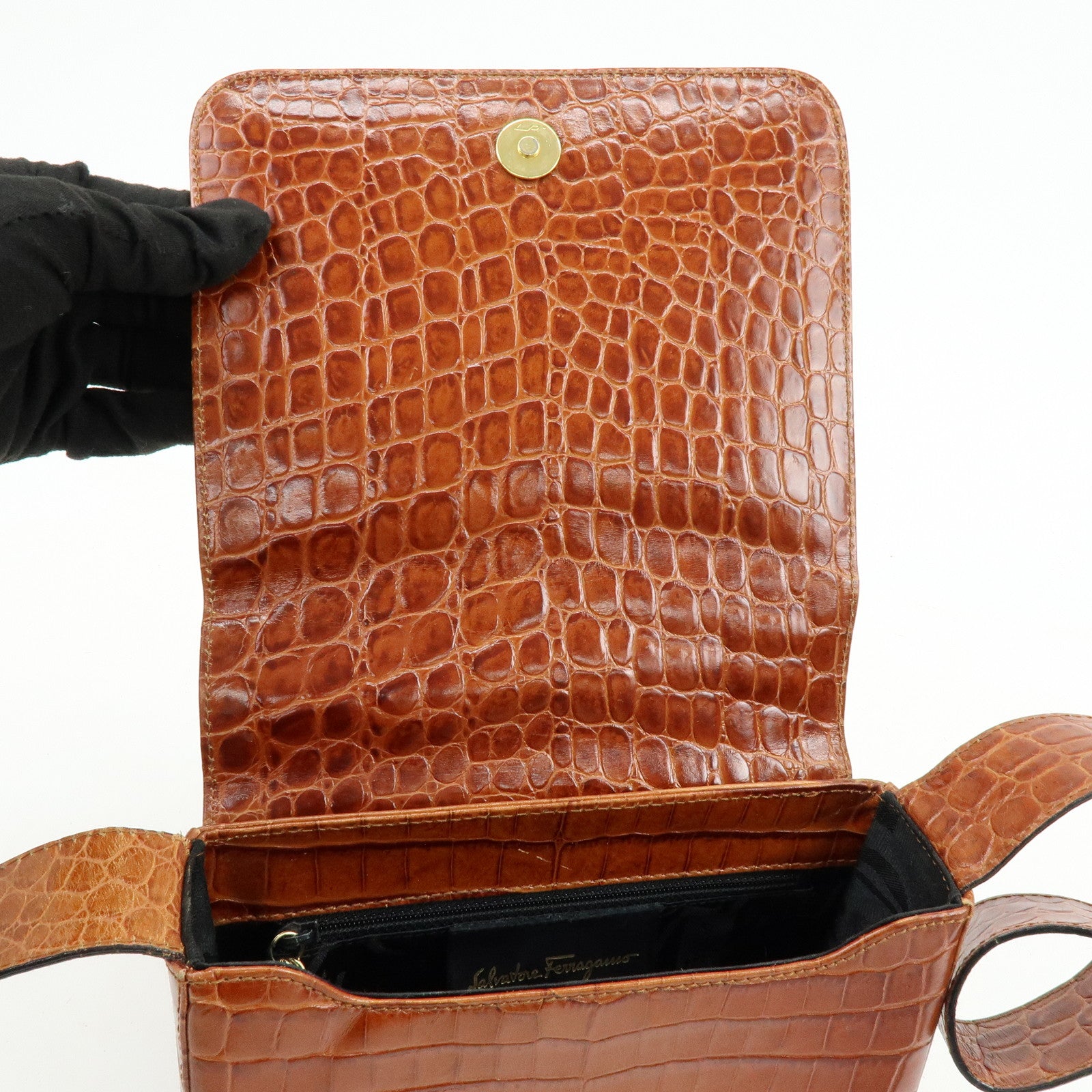 Ferragamo Gancini Embossed Leather Shoulder Crossbody Bag Brown