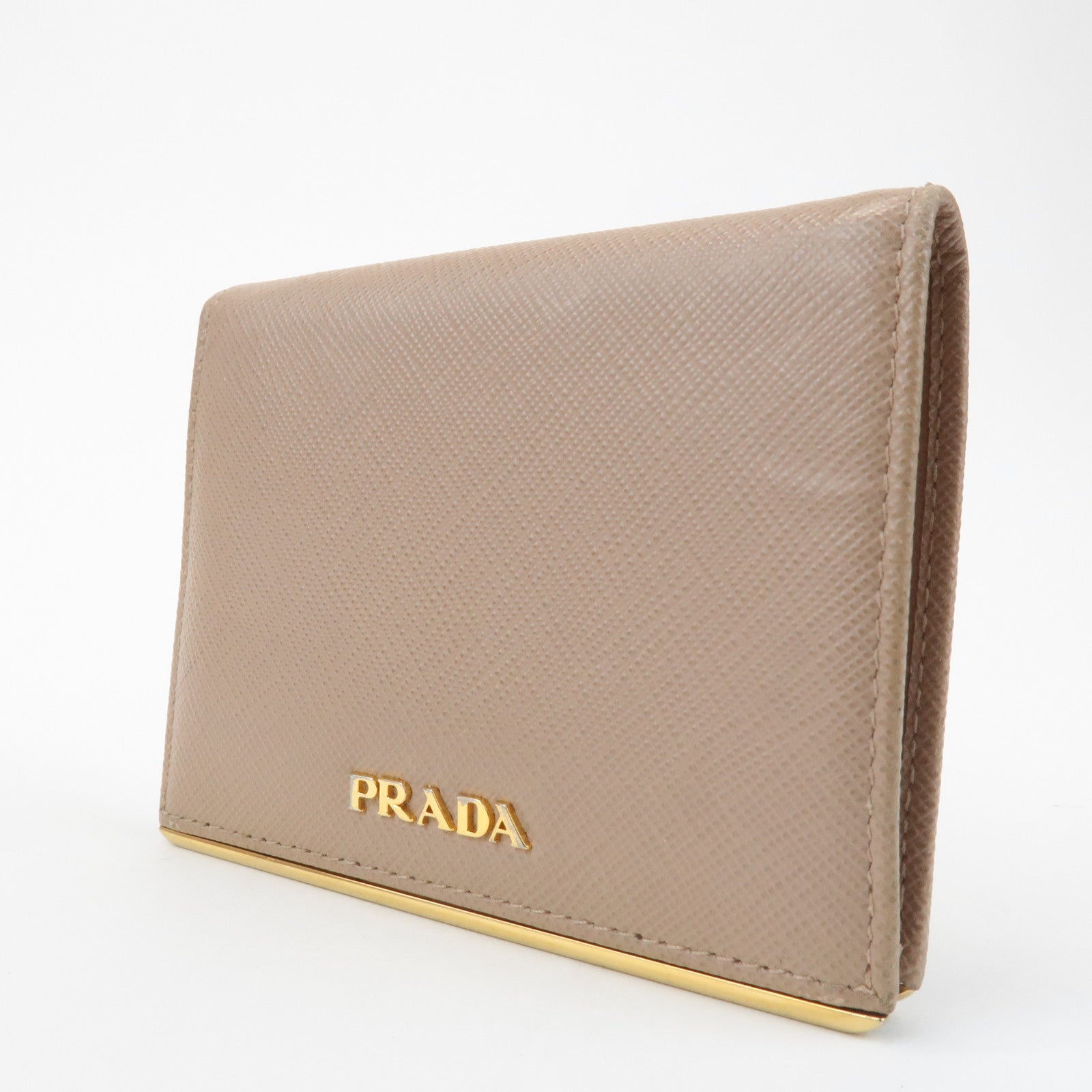 PRADA Logo Saffiano Leather Bi-Fold Small Wallet Beige 1MV204 Used