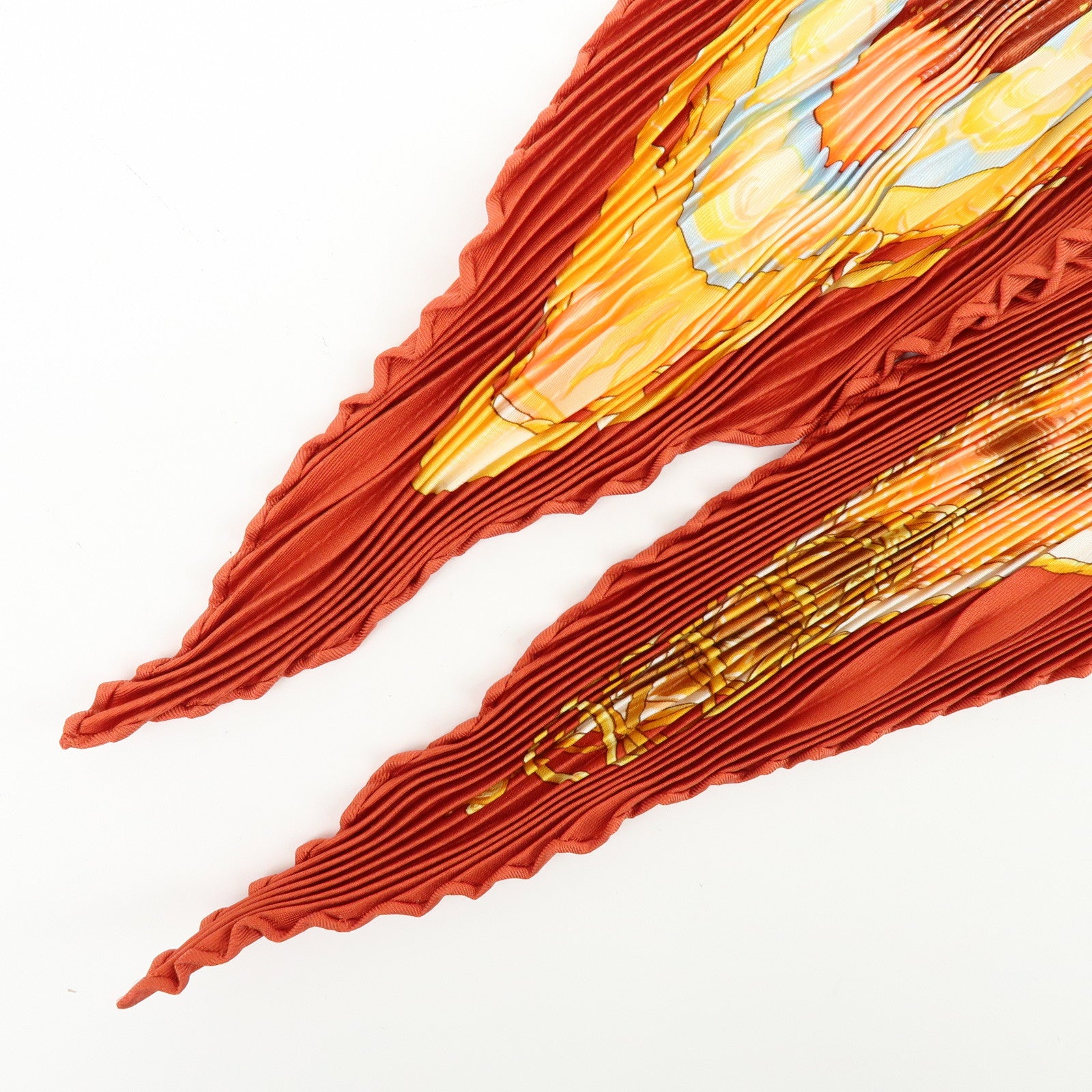 HERMES Pleated Carre Silk 100% Scarf Au-dela Des Cinq Mers Orange