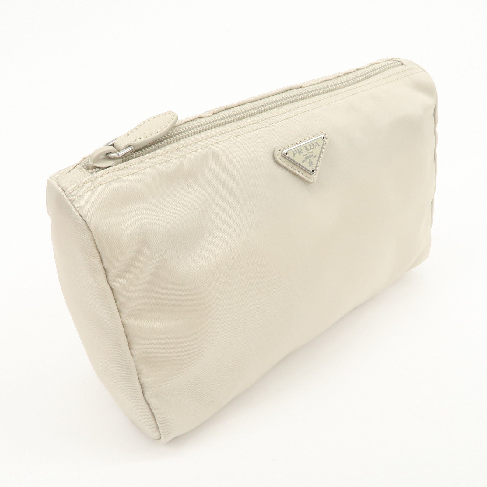 PRADA Triangle Logo Nylon Cosmetic Pouch Makeup Bag Ivory 1NA012