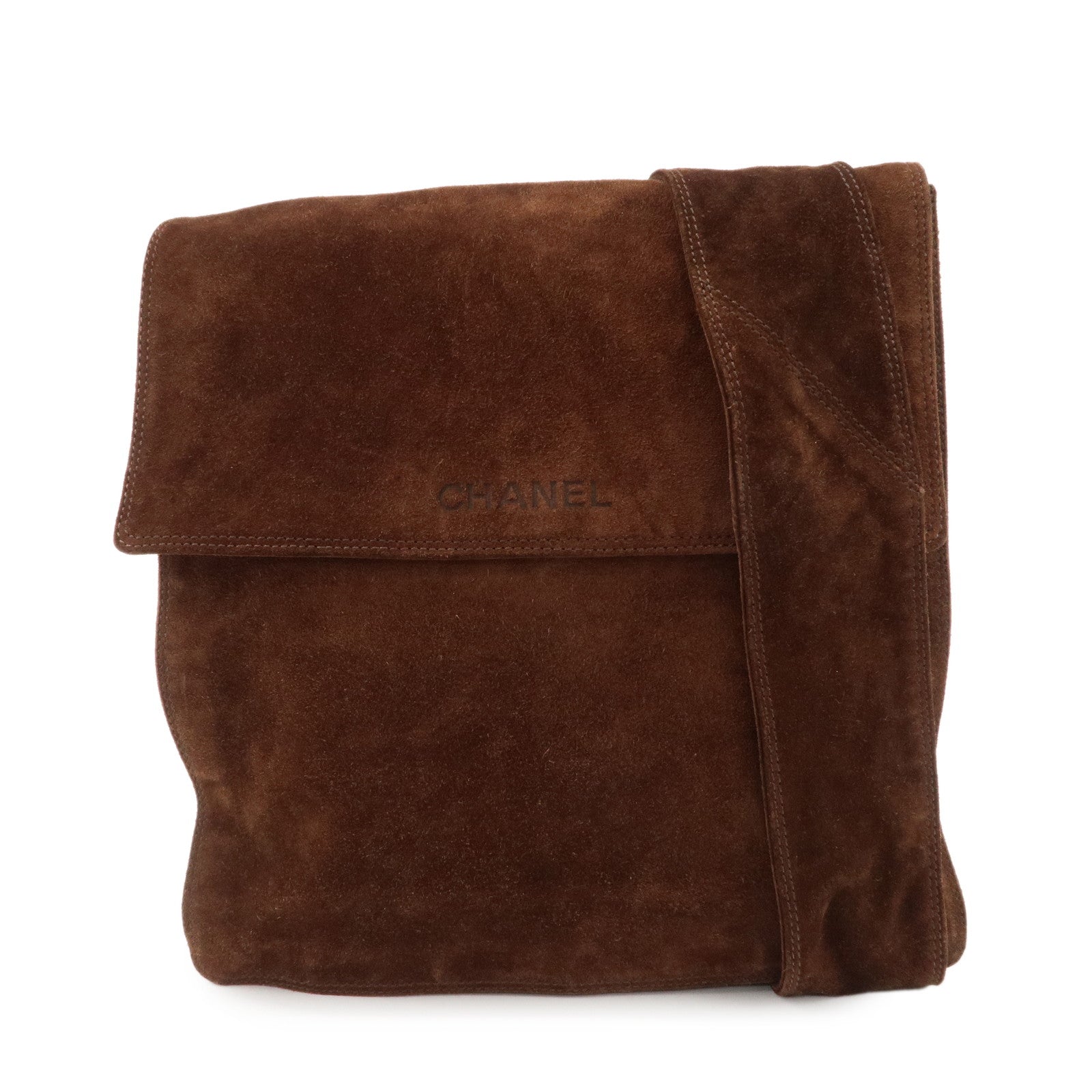 CHANEL Logo Suede Shoulder Bag Crossbody Bag Brown Used