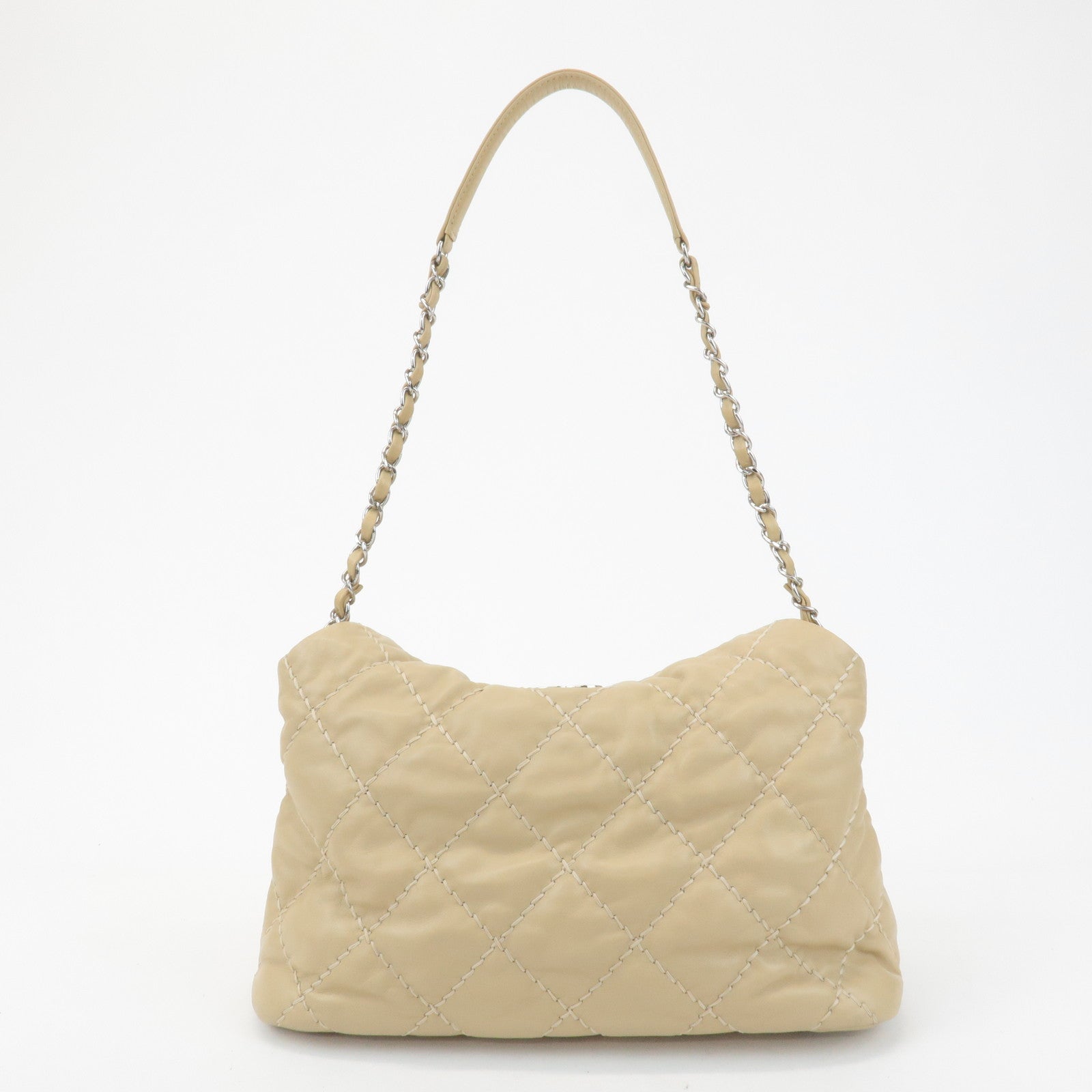 CHANEL Wild Stitch Lamb Skin Chain Shoulder Bag Hand Bag Beige Used