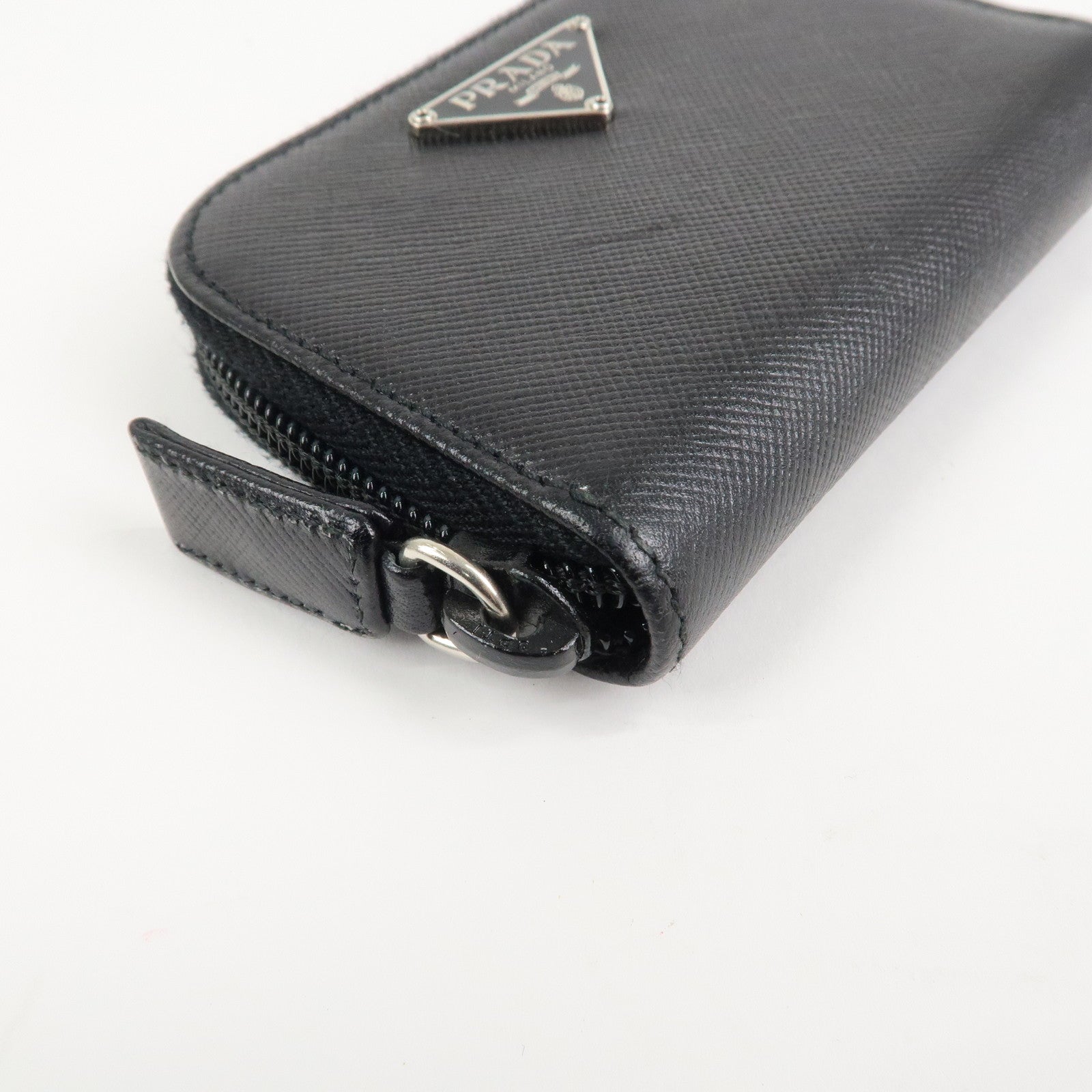 PRADA Triangle Logo Saffiano Leather Round Zippy Coin Case Black