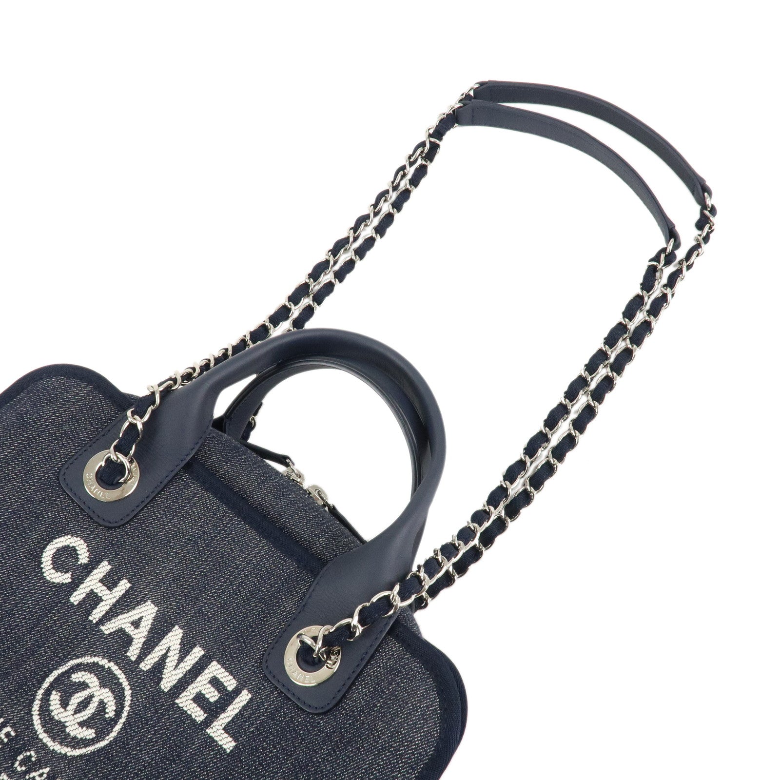 CHANEL Deauville Leather Denim 2Way Bag Bowling Bag Navy A92749 Used