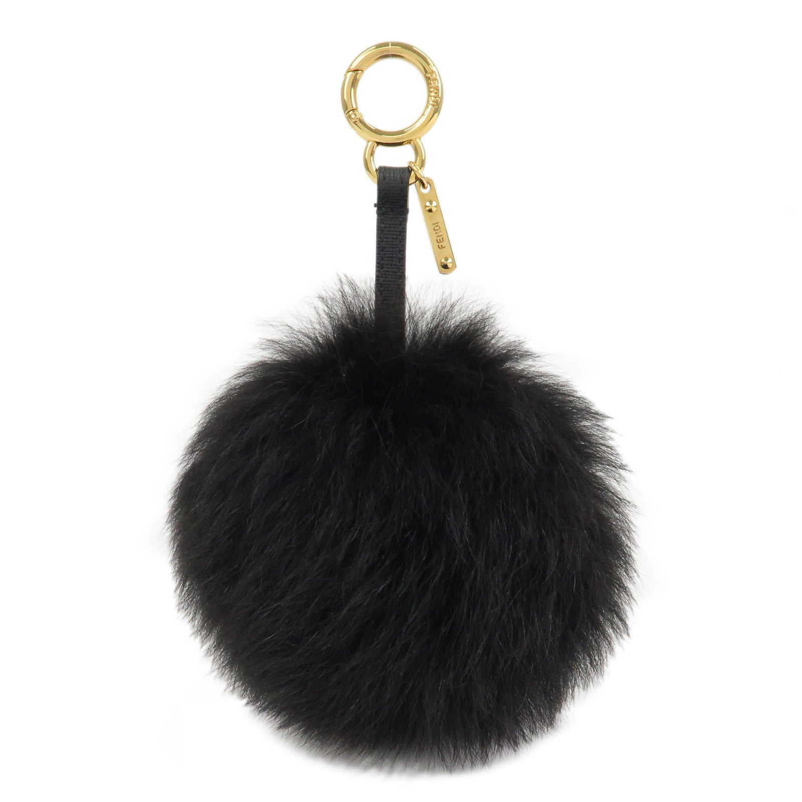 FENDI Fur Leather Pom Pom Bag Charm Key Chain Black